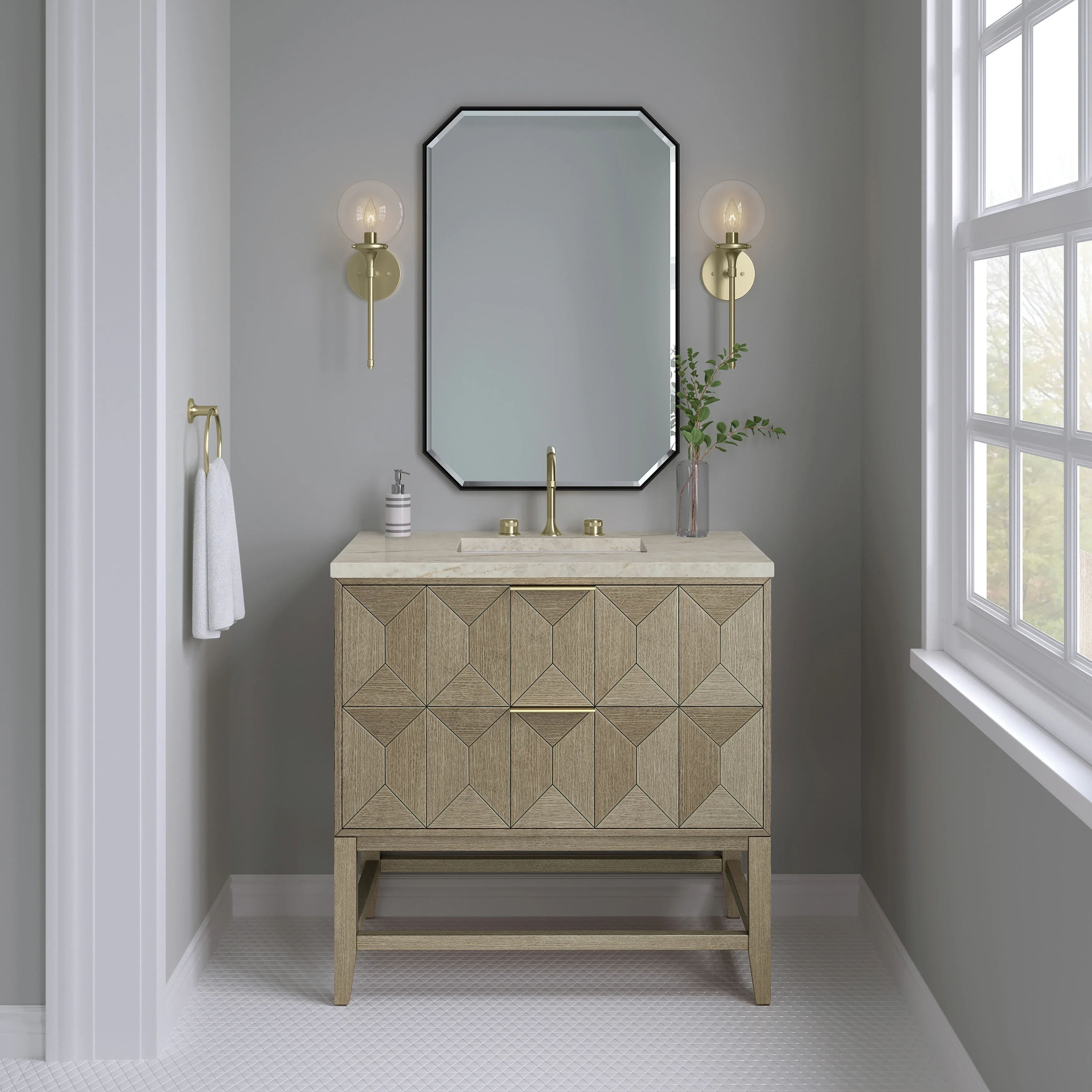 Emmeline 36" Single Vanity, Pebble Oak, w/ 3 CM Tajnar Eclos Top