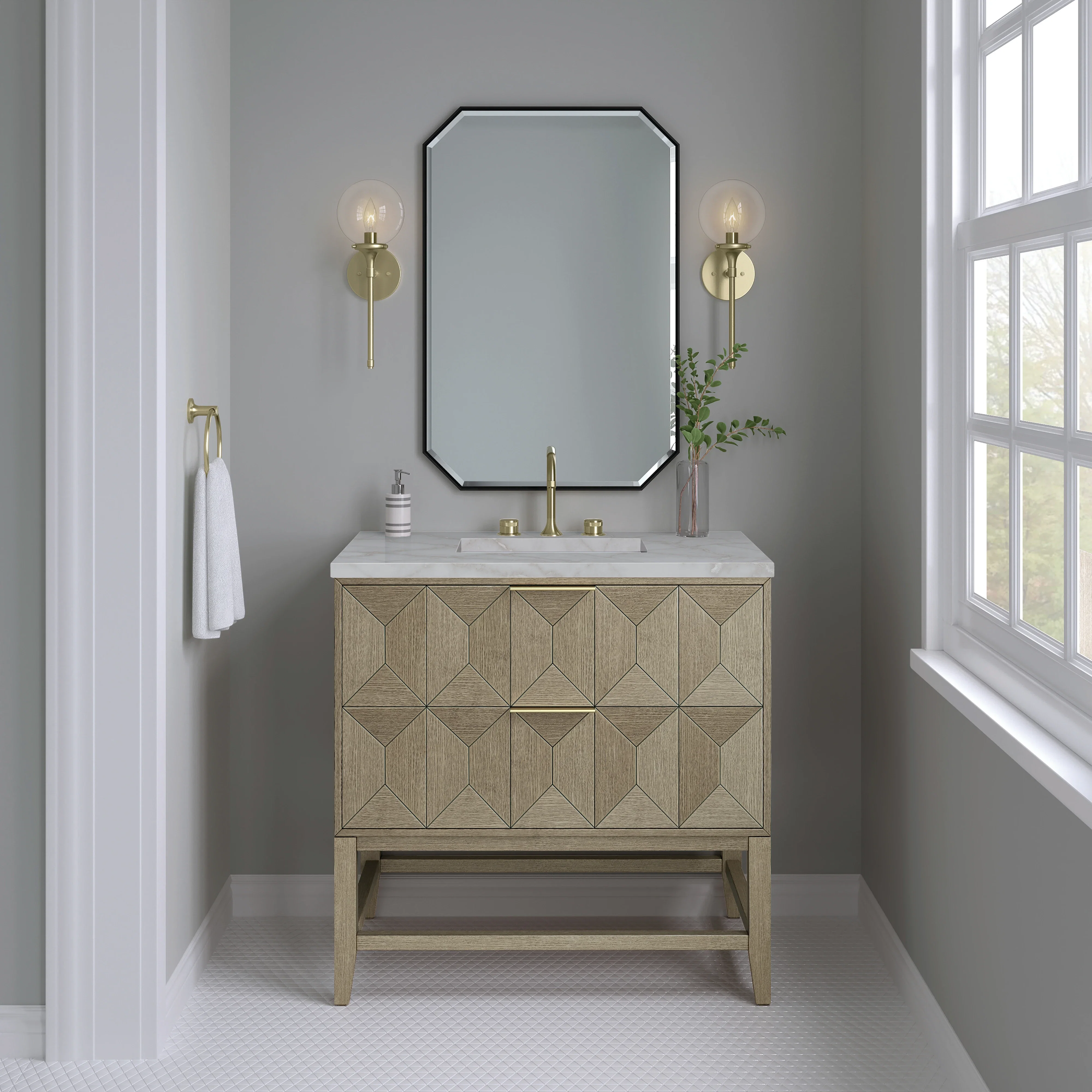 Emmeline 36" Single Vanity, Pebble Oak w/ 3 CM Victorian Silver Top