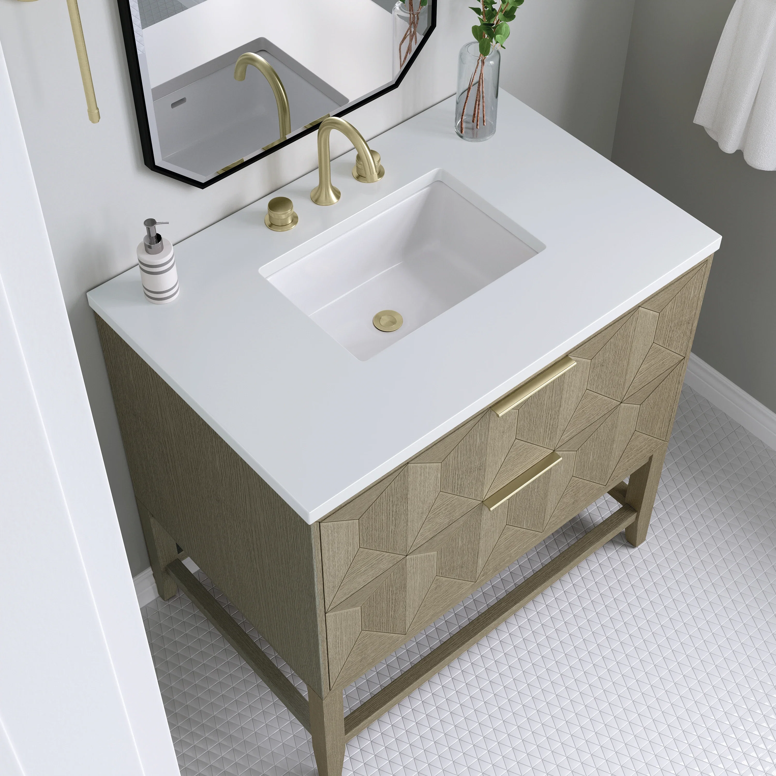 Emmeline 36" Single Vanity, Pebble Oak w/ 3 CM White Zeus Top