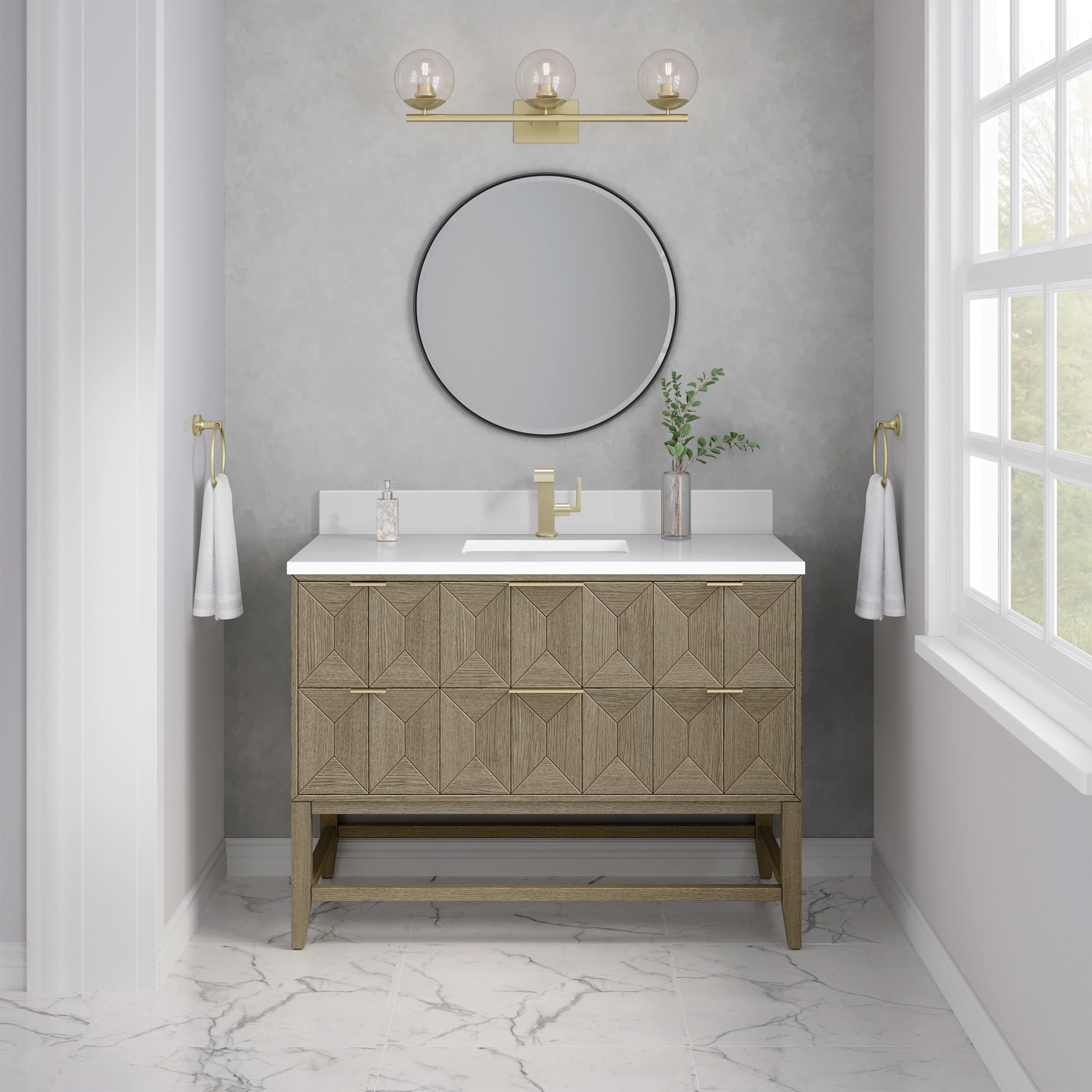 Emmeline 48" Single Vanity, Pebble Oak w/ Single Hole 3 CM White Zeus Silestone Top & Backsplash