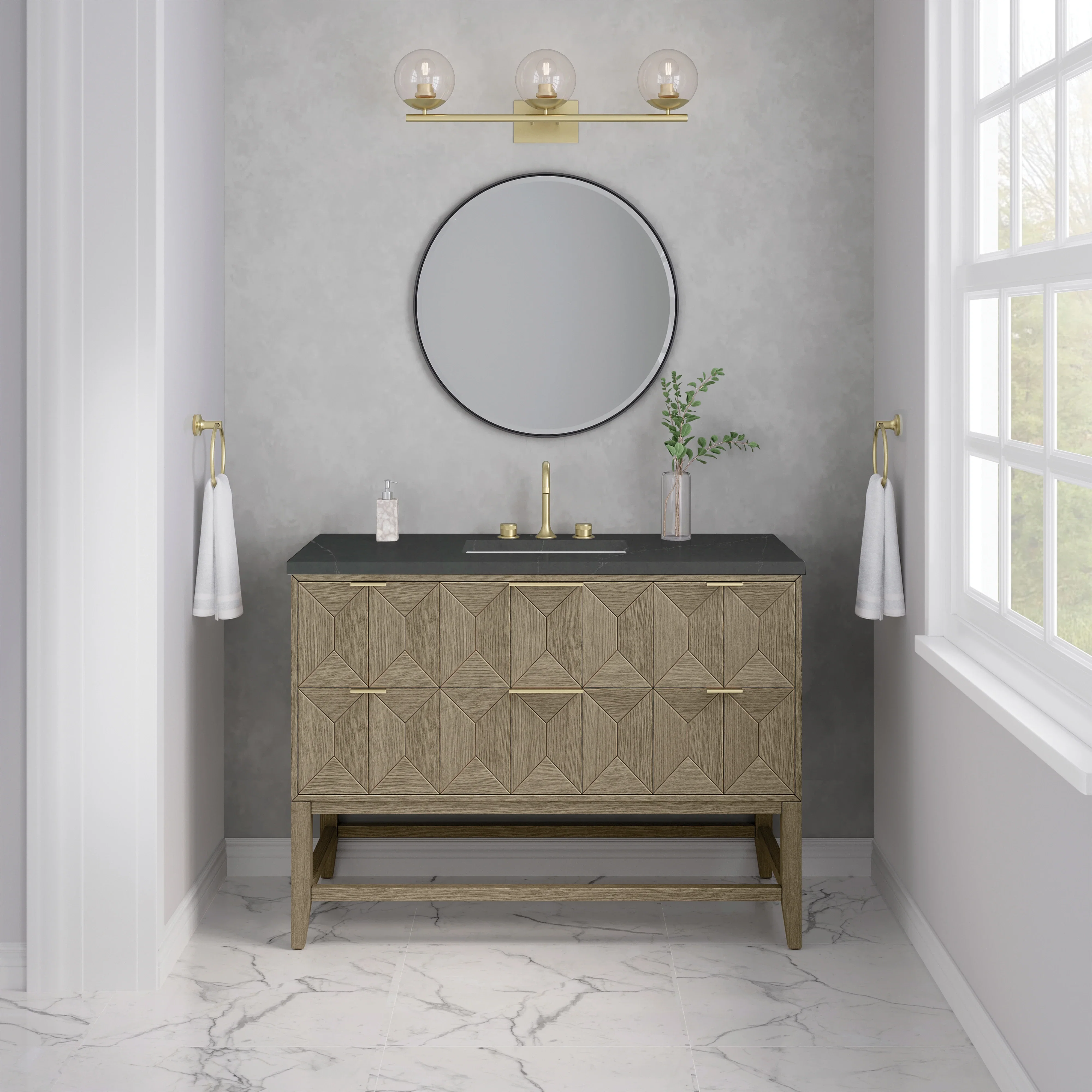 Emmeline 48" Single Vanity, Pebble Oak w/ 3 CM Charcoal Soapstone Silestone Top
