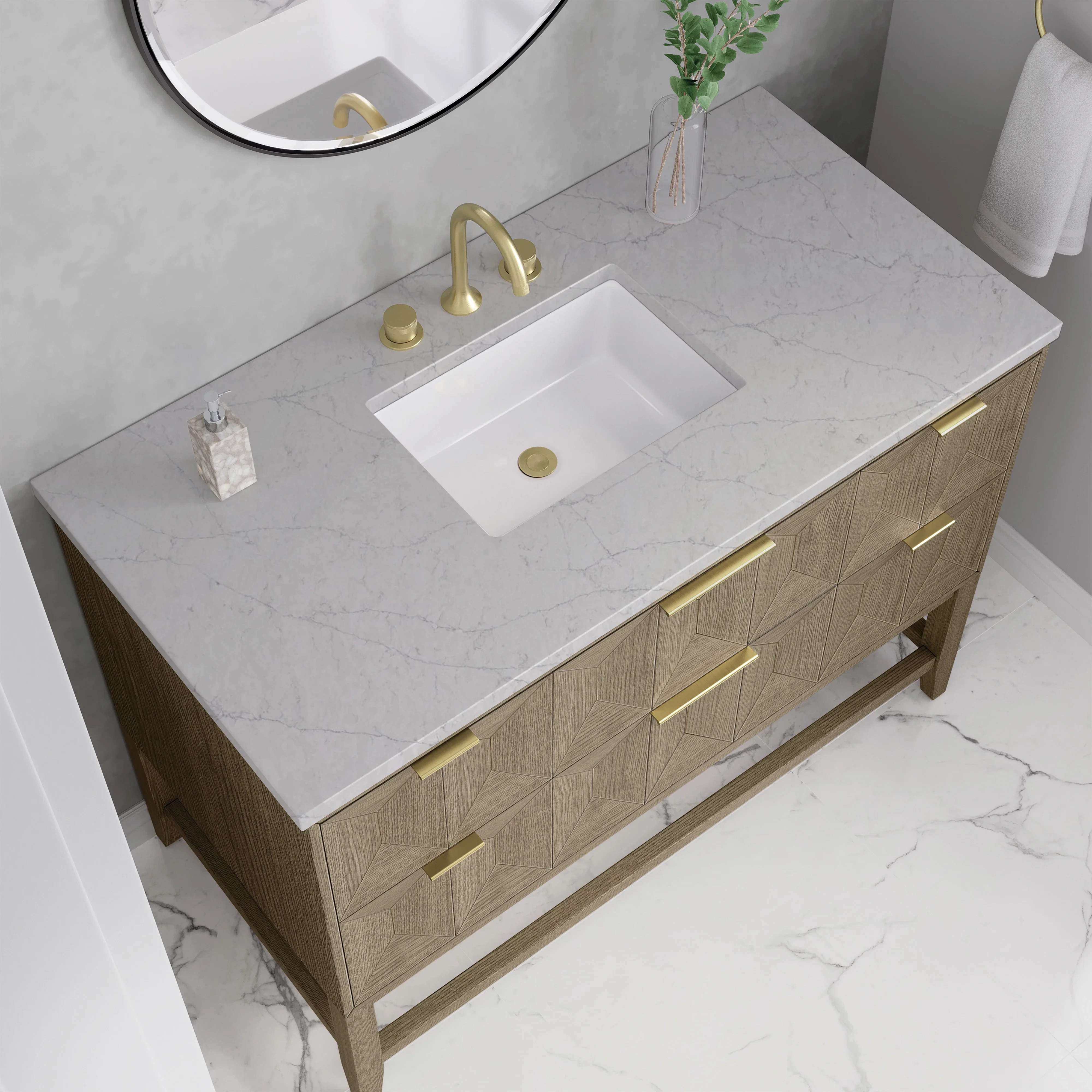 Emmeline 48" Single Vanity, Pebble Oak w/ 3 CM Eternal Jasmine Pearl Silestone Top