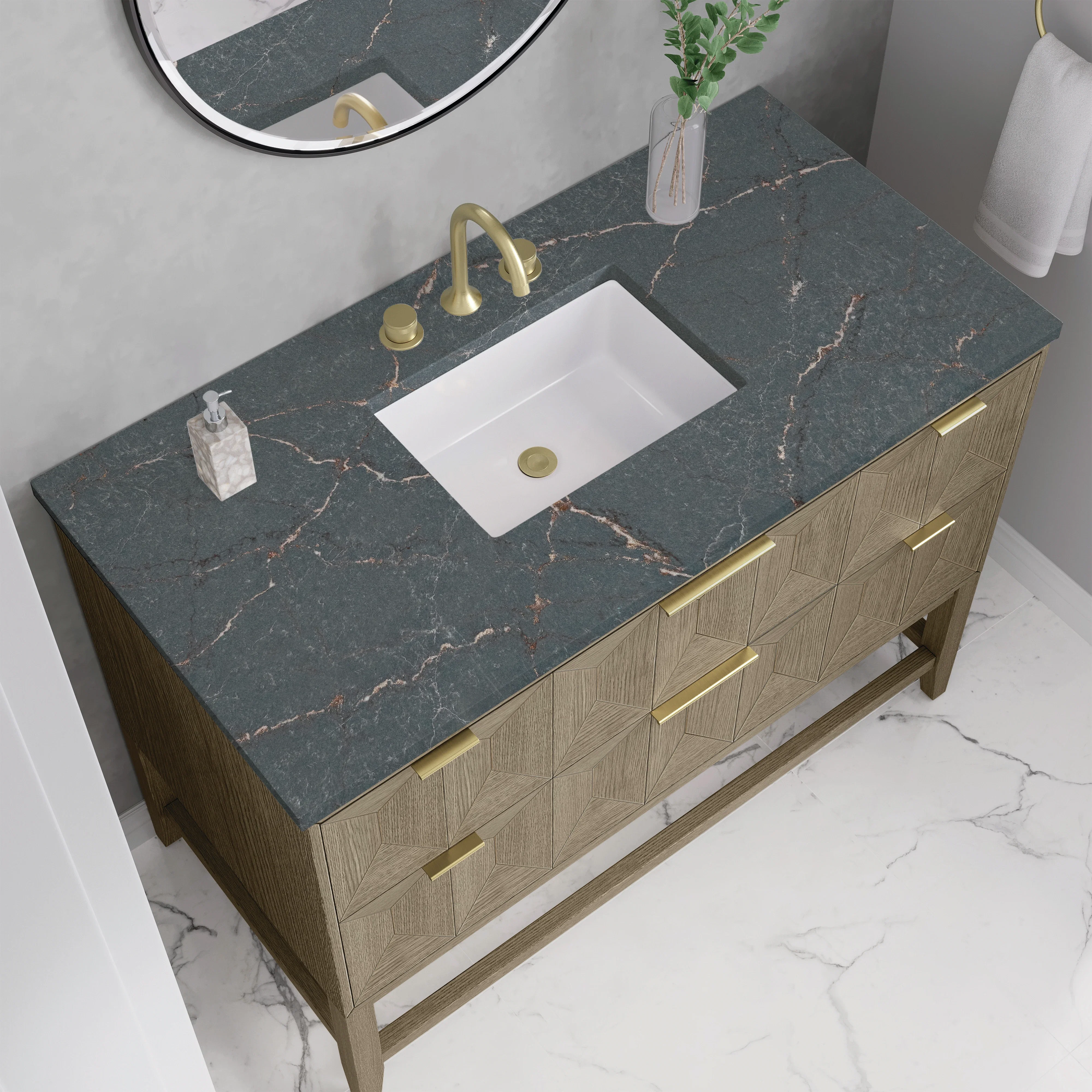 Emmeline 48" Single Vanity, Pebble Oak w/ 3 CM Parisien Bleu Silestone Top
