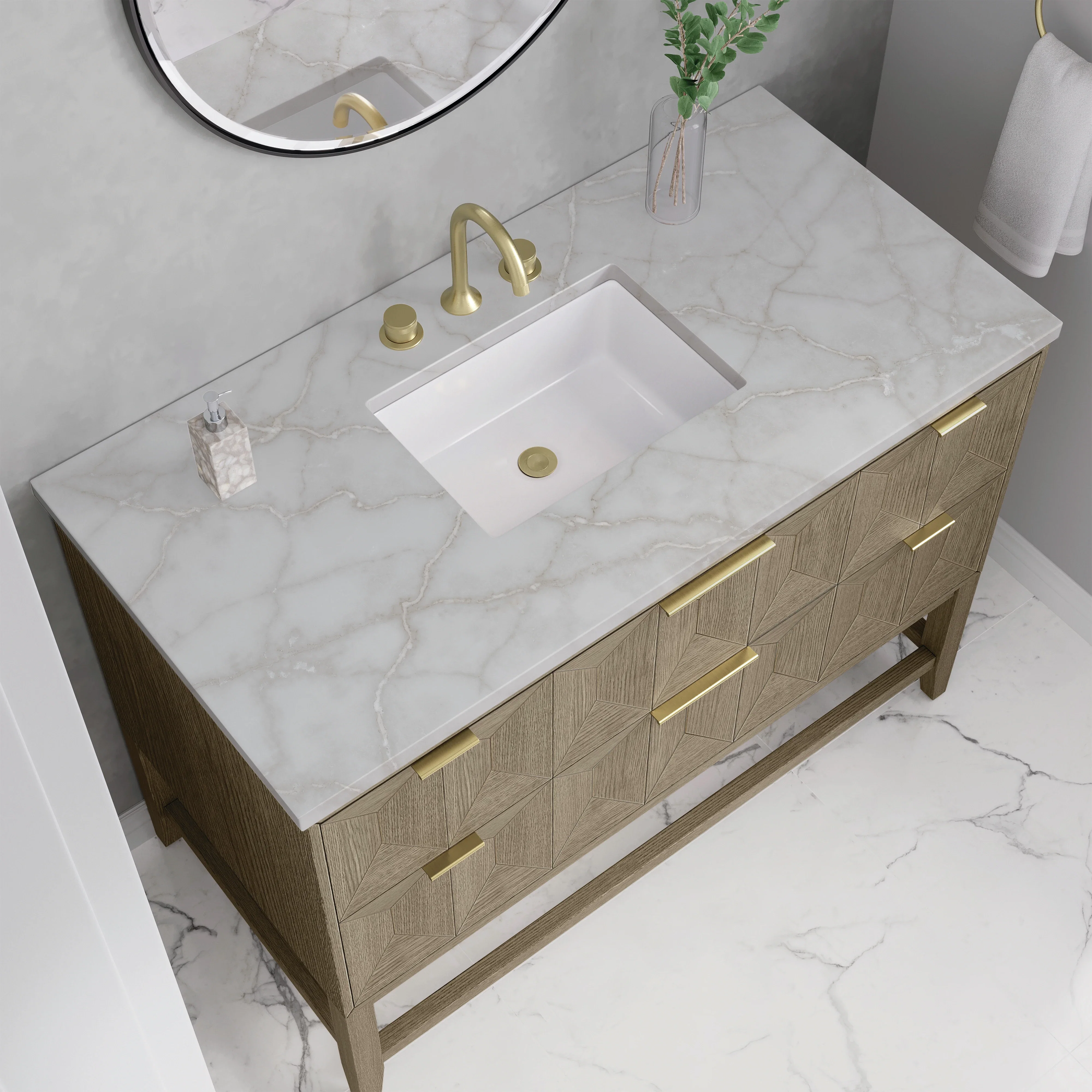 Emmeline 48" Single Vanity, Pebble Oak w/ 3 CM Victorian Silver Silestone Top