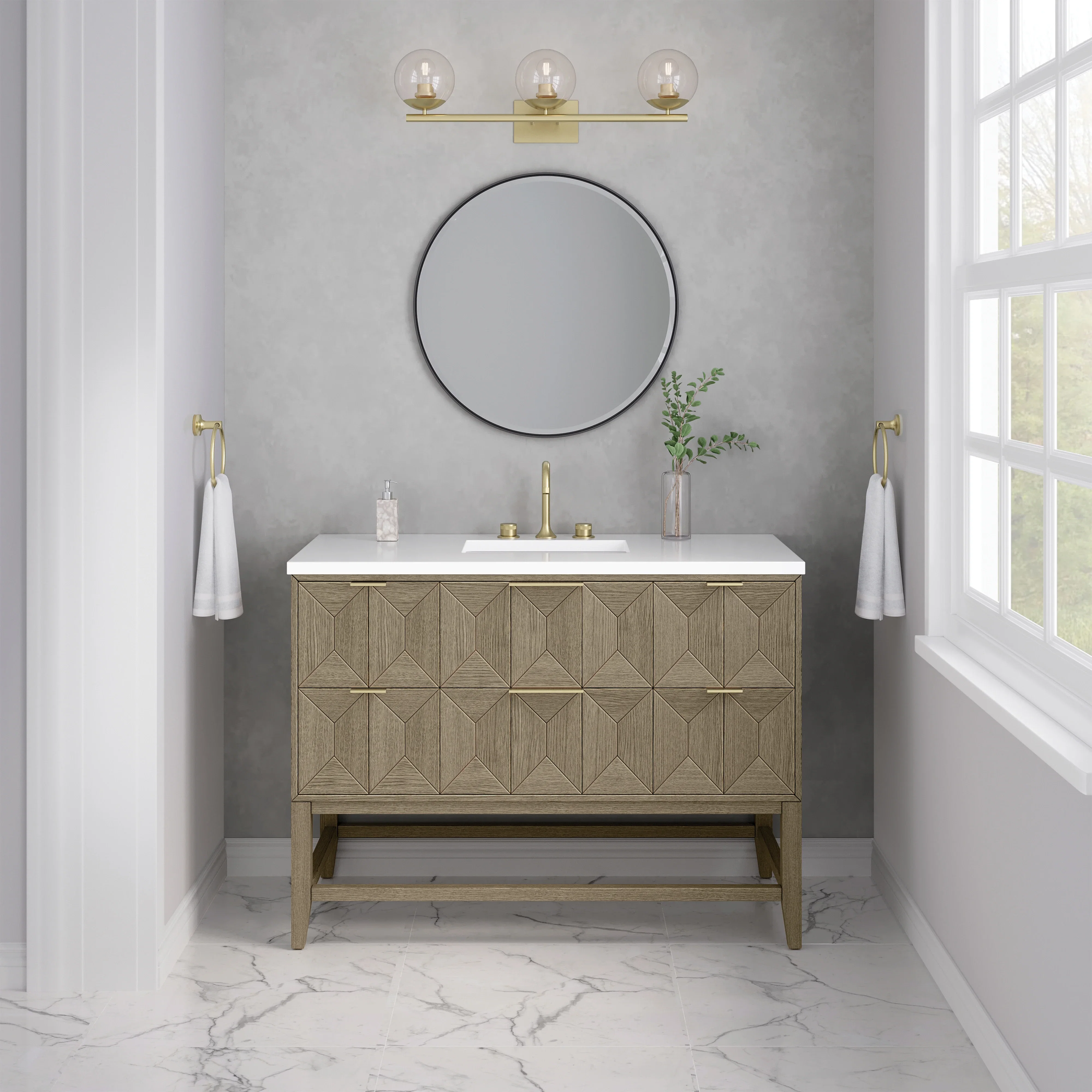 Emmeline 48" Single Vanity, Pebble Oak w/ 3 CM White Zeus Silestone Top