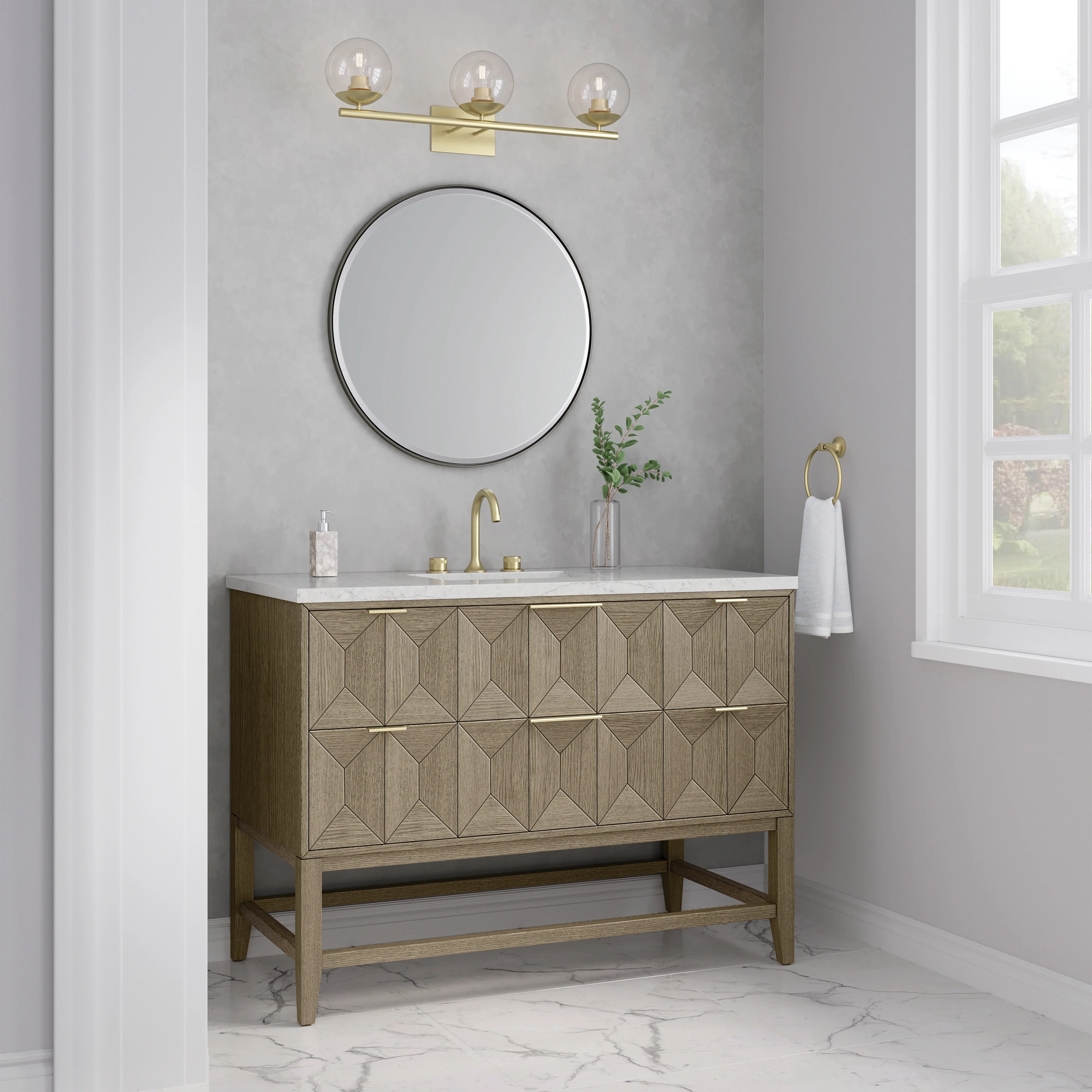 Emmeline 48" Single Vanity, Pebble Oak w/ 3 CM Eternal Jasmine Pearl Silestone Top w/ FreePower Wireless Charger