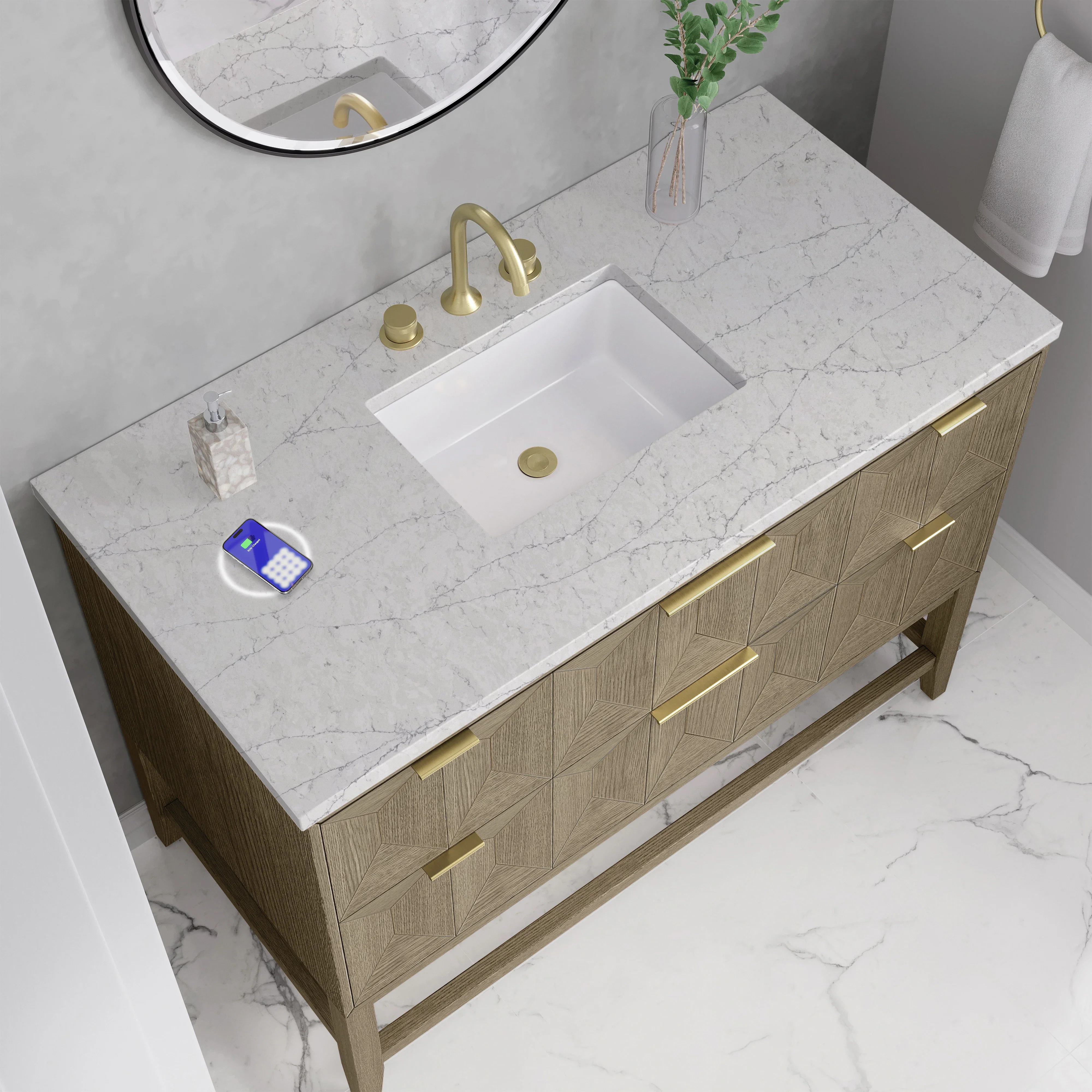 Emmeline 48" Single Vanity, Pebble Oak w/ 3 CM Eternal Jasmine Pearl Silestone Top w/ FreePower Wireless Charger