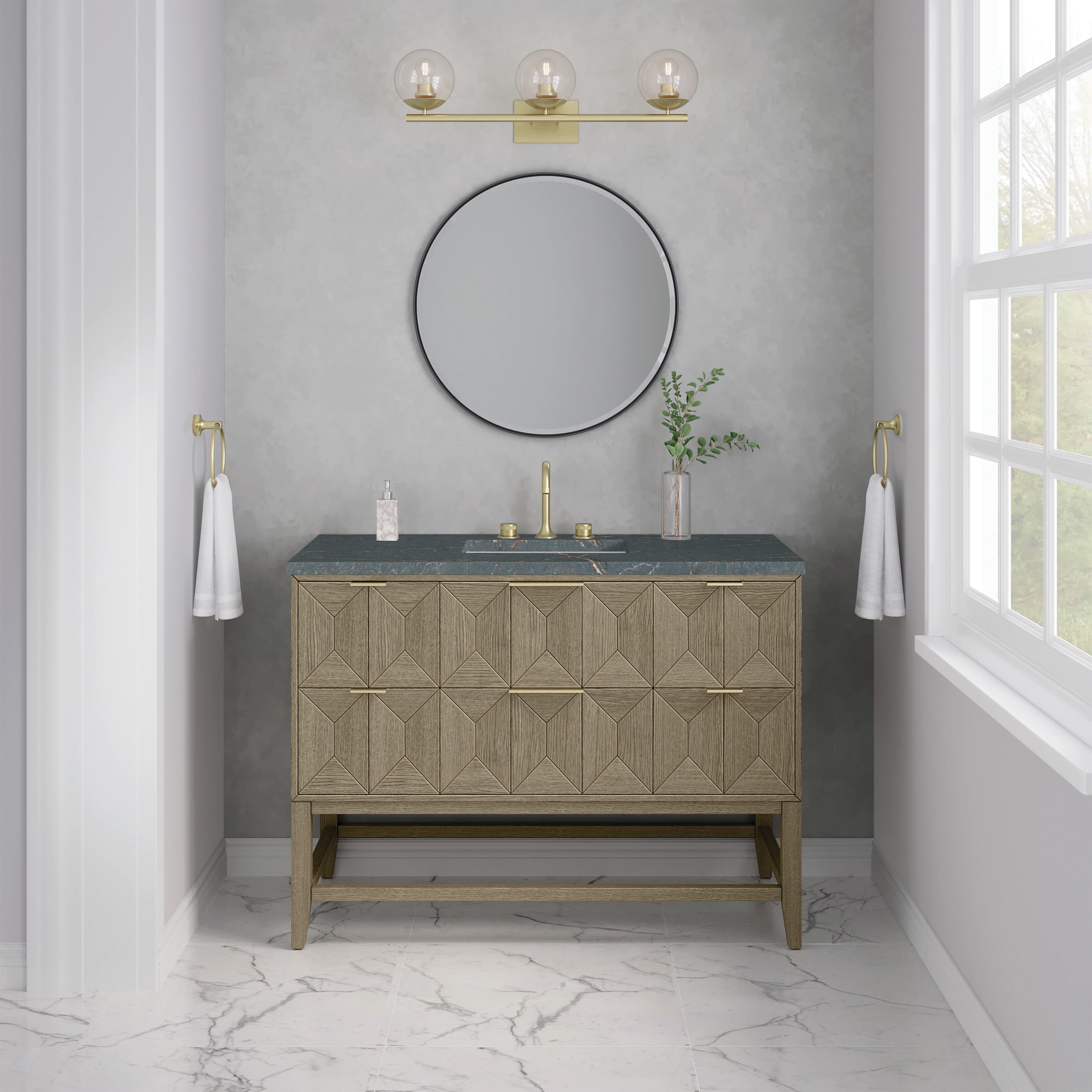 Emmeline 48" Single Vanity, Pebble Oak w/ 3 CM Parisien Bleu Silestone Top w/ FreePower Wireless Charger