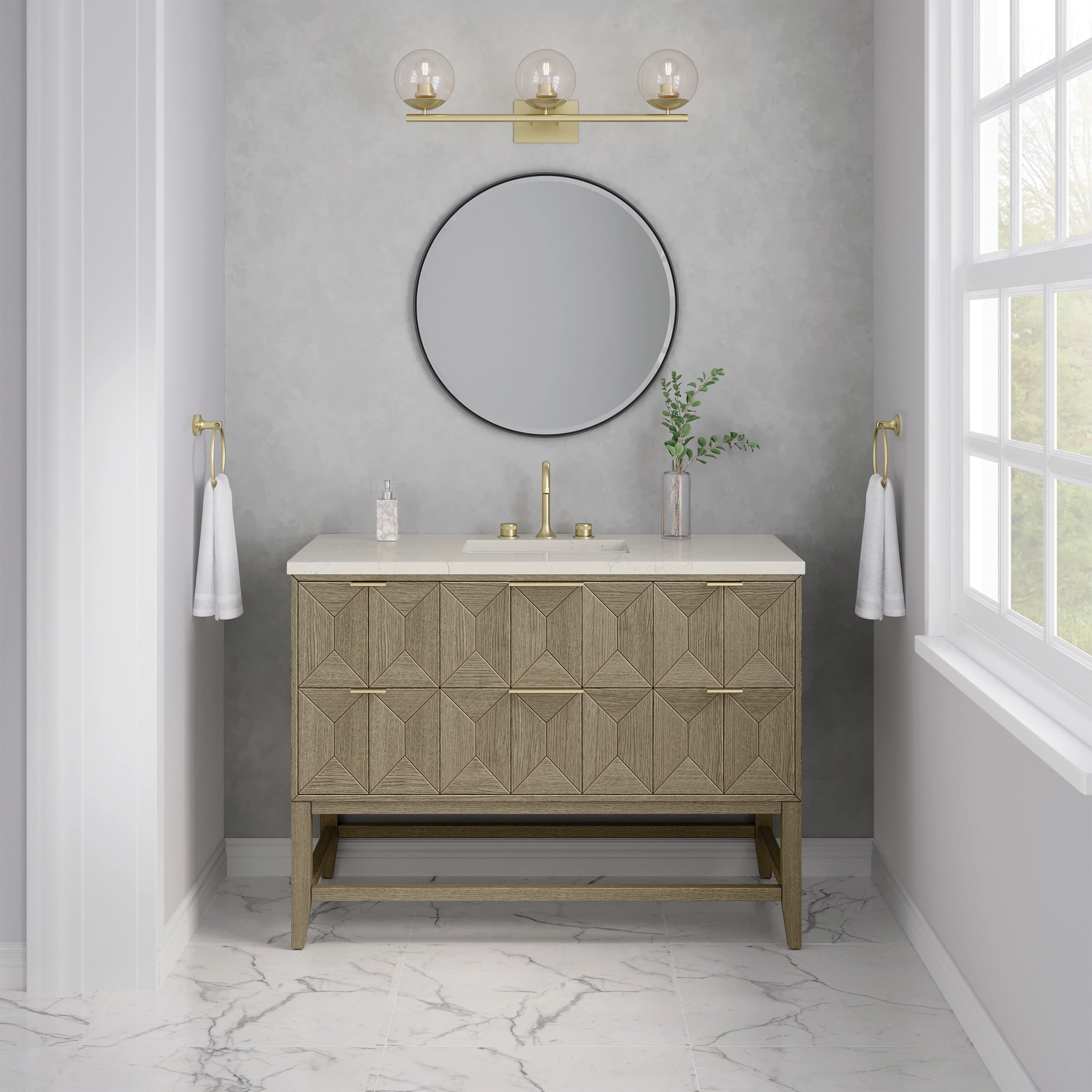 Emmeline 48" Single Vanity, Pebble Oak, w/ 3 CM Siberian Silestone Top w/FreePower Wireless Charger
