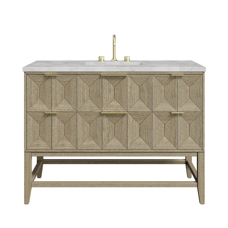 Emmeline 48" Single Vanity, Pebble Oak w/ 3 CM Victorian Silver Silestone Top w/ FreePower Wireless Charger