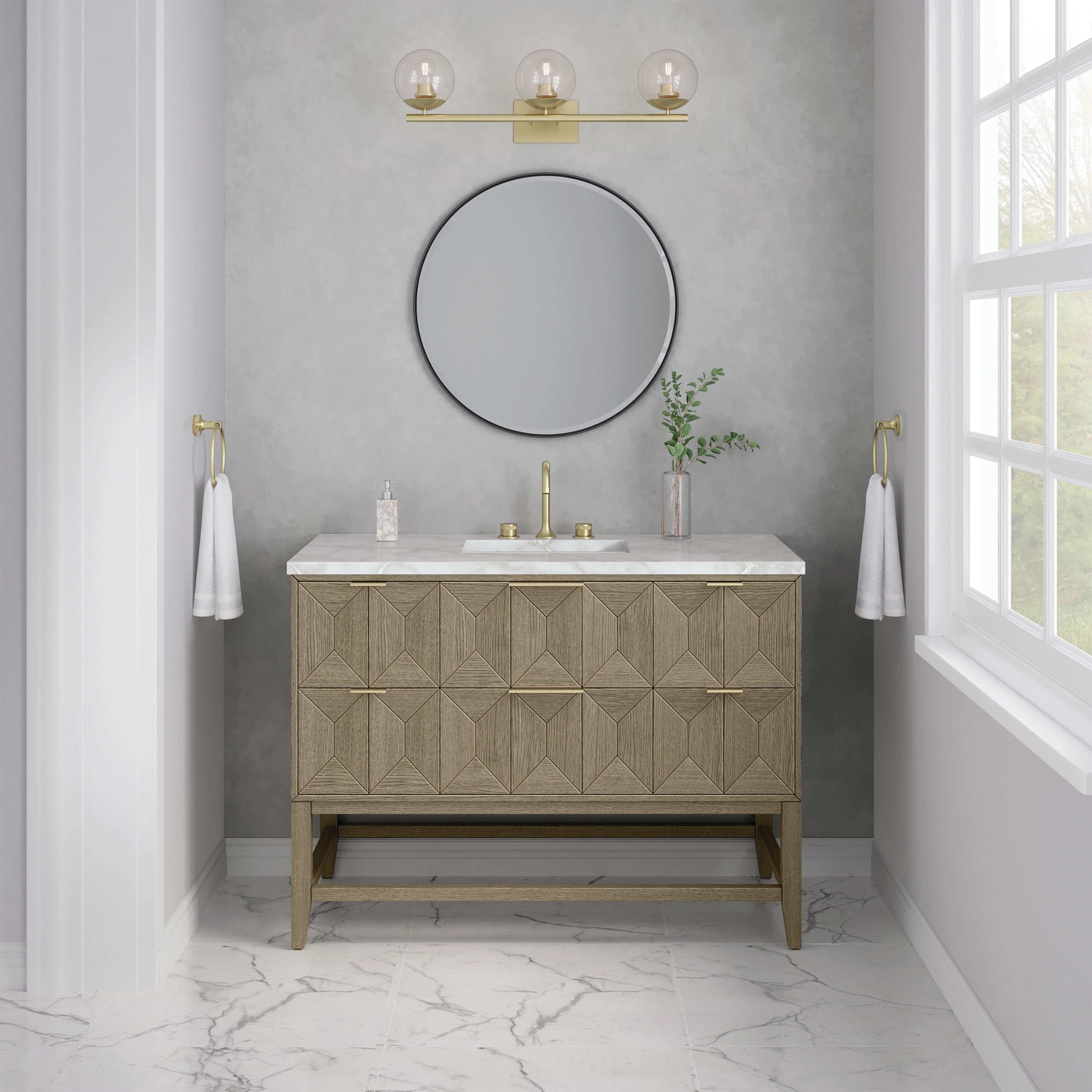 Emmeline 48" Single Vanity, Pebble Oak w/ 3 CM Victorian Silver Silestone Top w/ FreePower Wireless Charger
