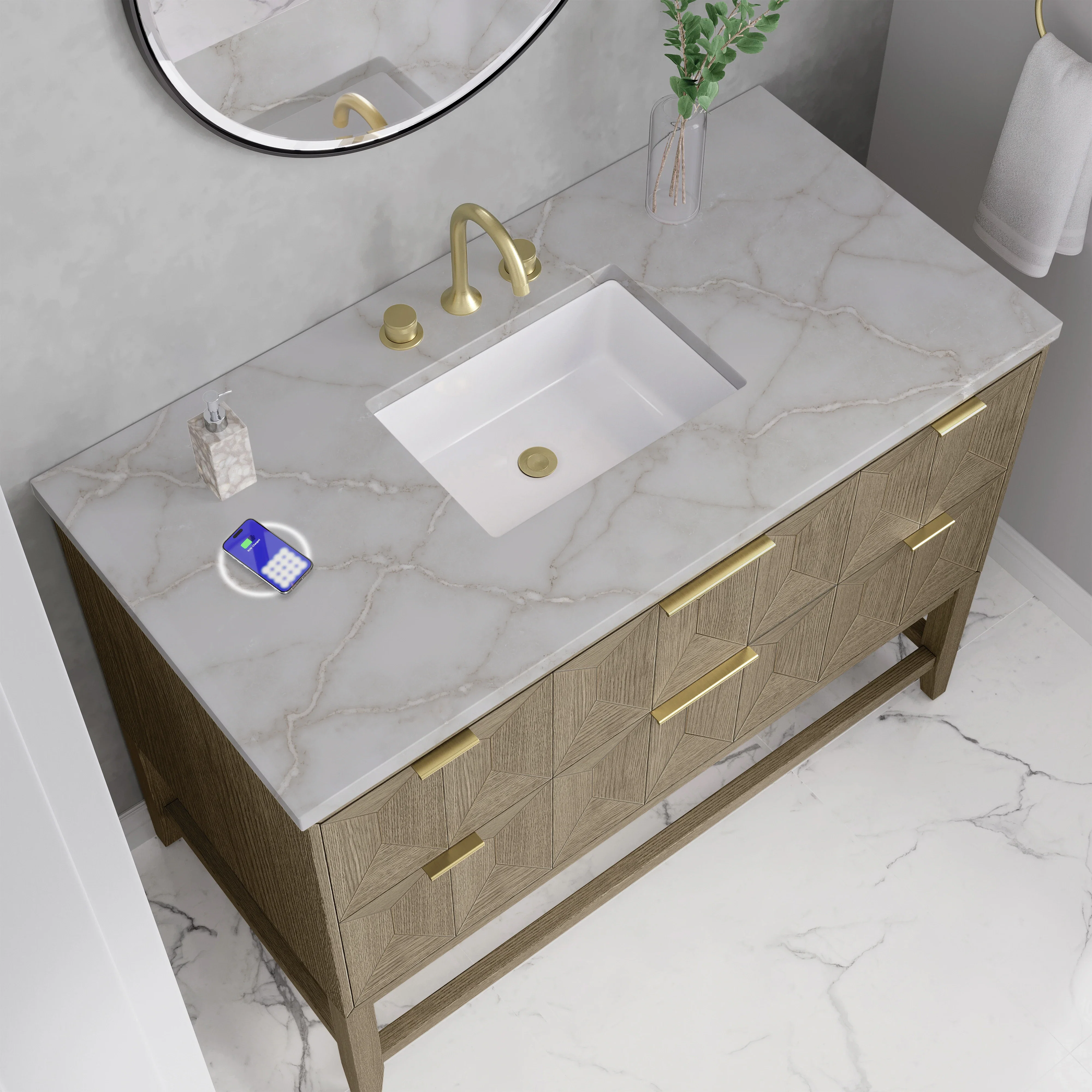 Emmeline 48" Single Vanity, Pebble Oak w/ 3 CM Victorian Silver Silestone Top w/ FreePower Wireless Charger