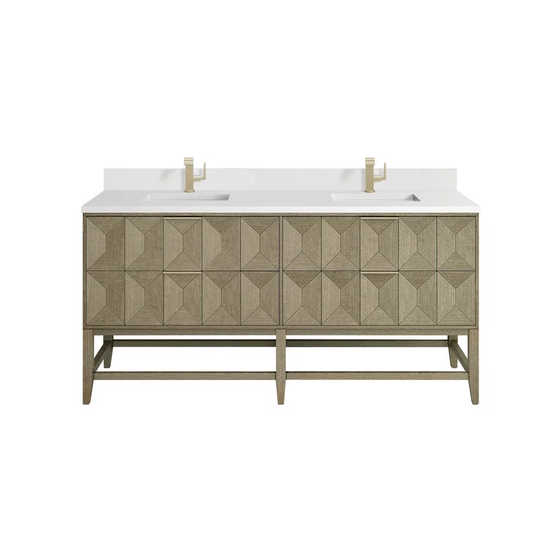 Emmeline 72" Double Vanity, Pebble Oak w/ Single Hole 3 CM White Zeus Top & Backsplash
