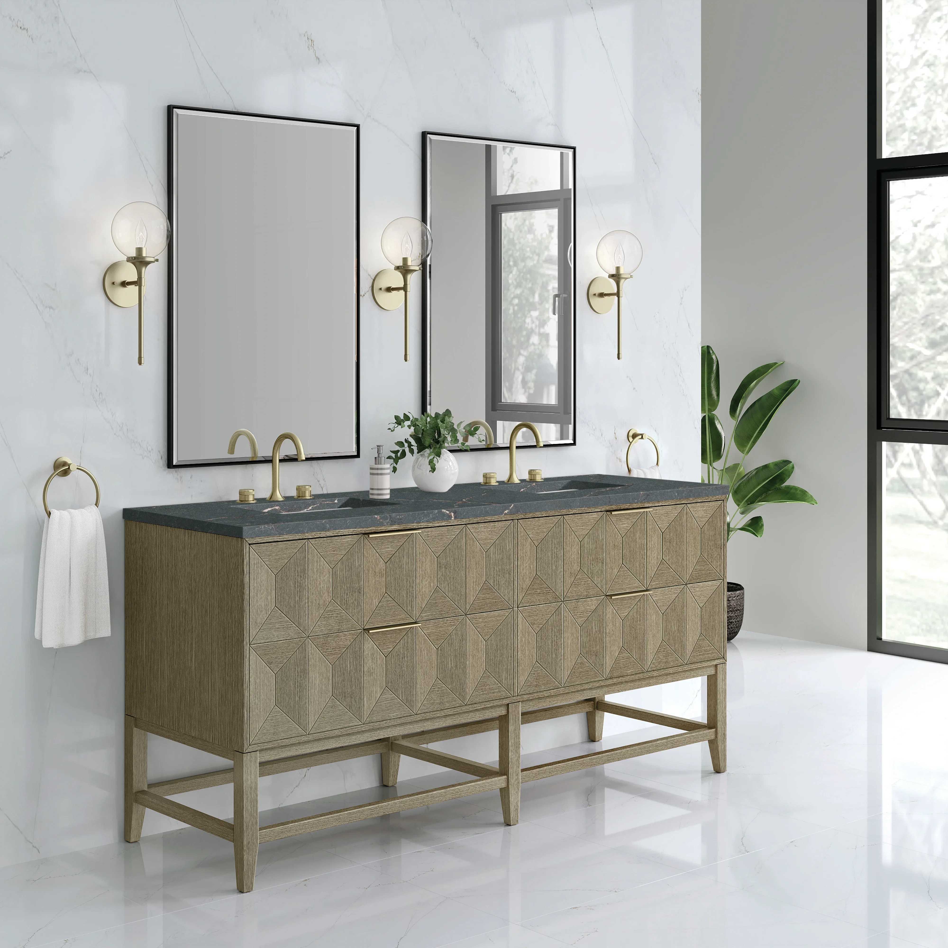 Emmeline 72" Double Vanity, Pebble Oak w/ 3 CM Parisien Bleu Top