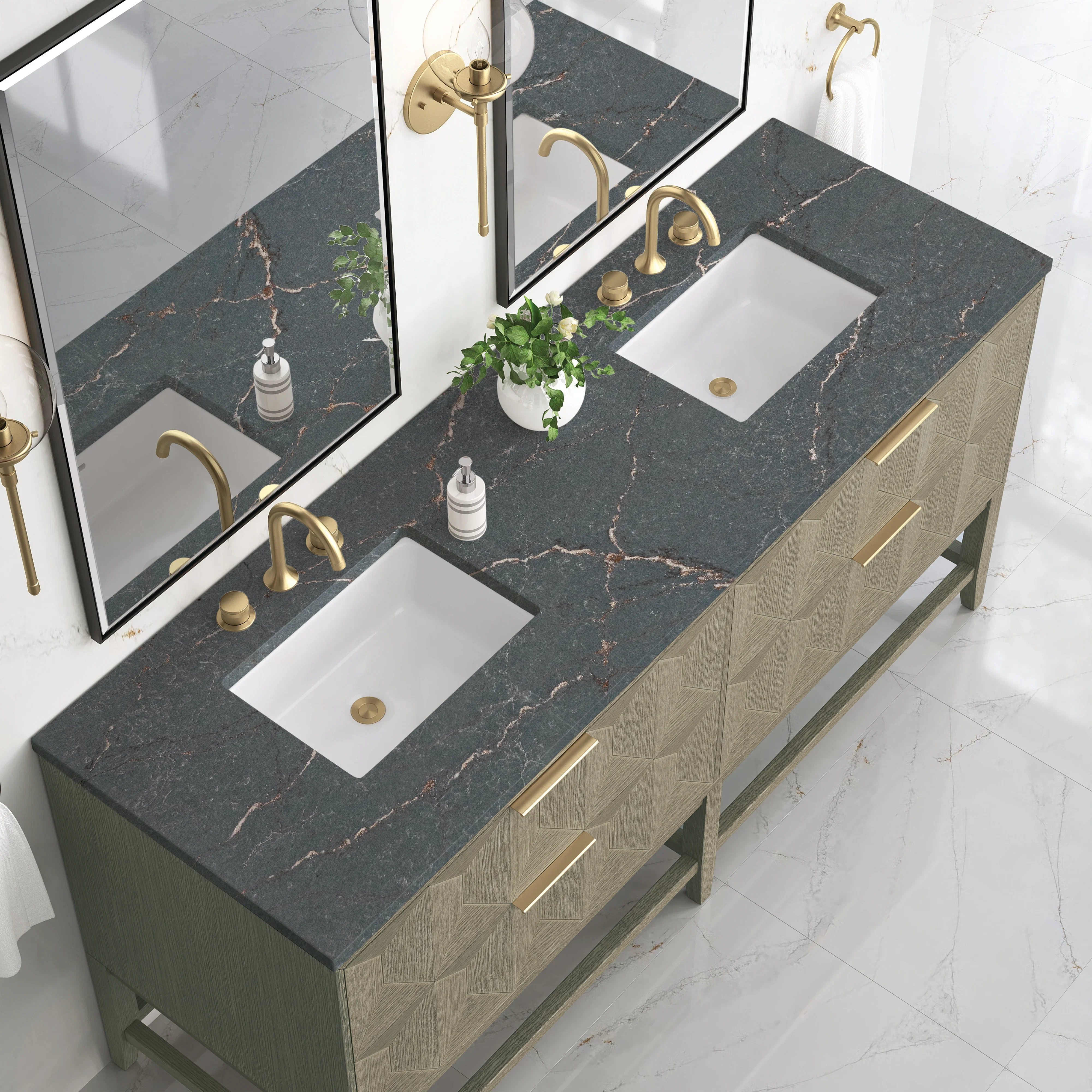 Emmeline 72" Double Vanity, Pebble Oak w/ 3 CM Parisien Bleu Top