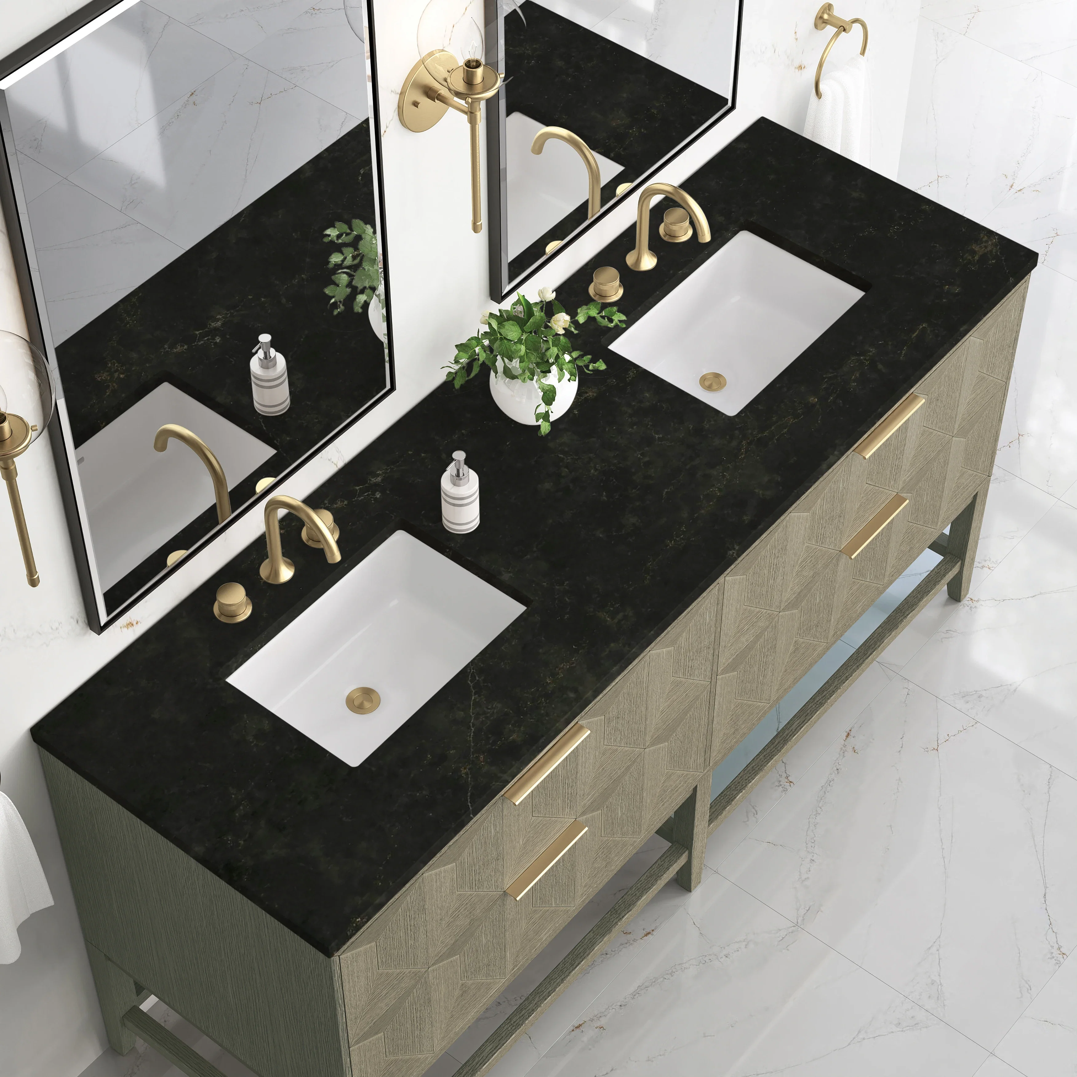 Emmeline 72" Double Vanity, Pebble Oak, w/ 3 CM Phantome Eclos Top