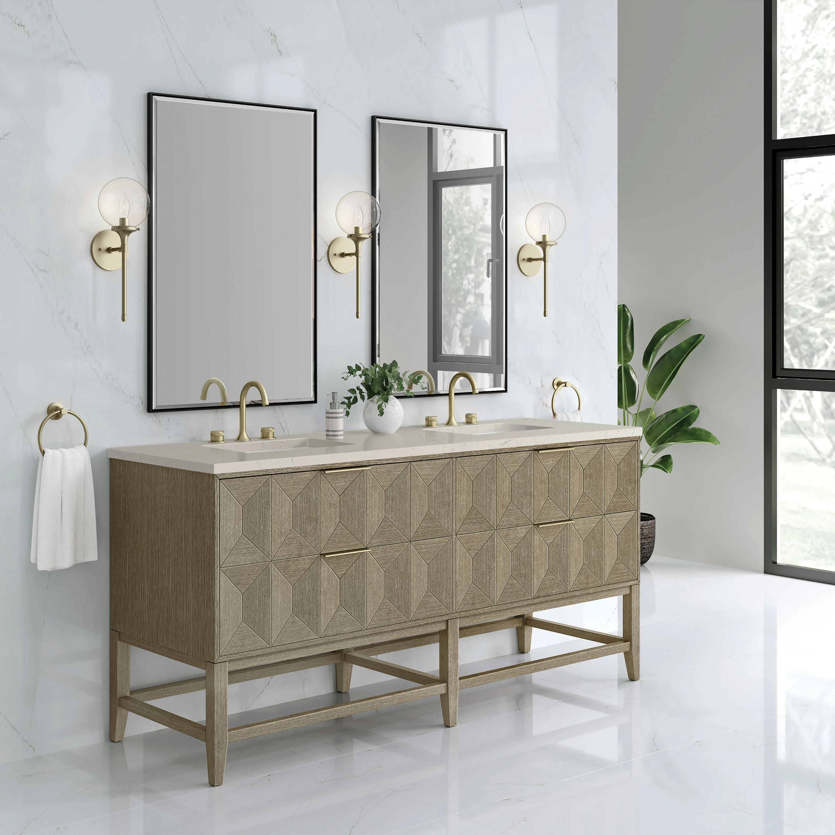 Emmeline 72" Double Vanity, Pebble Oak, w/ 3 CM Siberian Silestone Top