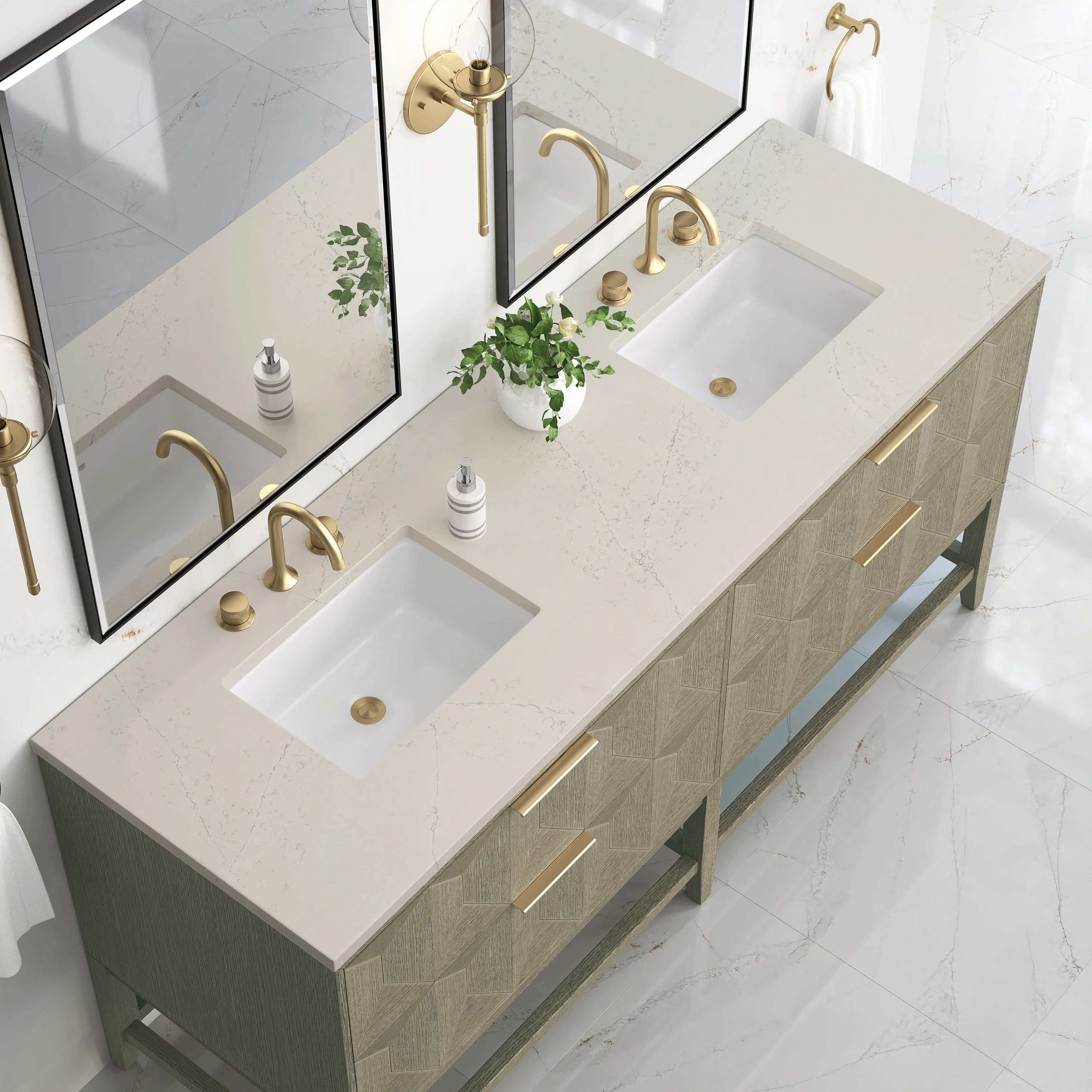 Emmeline 72" Double Vanity, Pebble Oak, w/ 3 CM Siberian Silestone Top