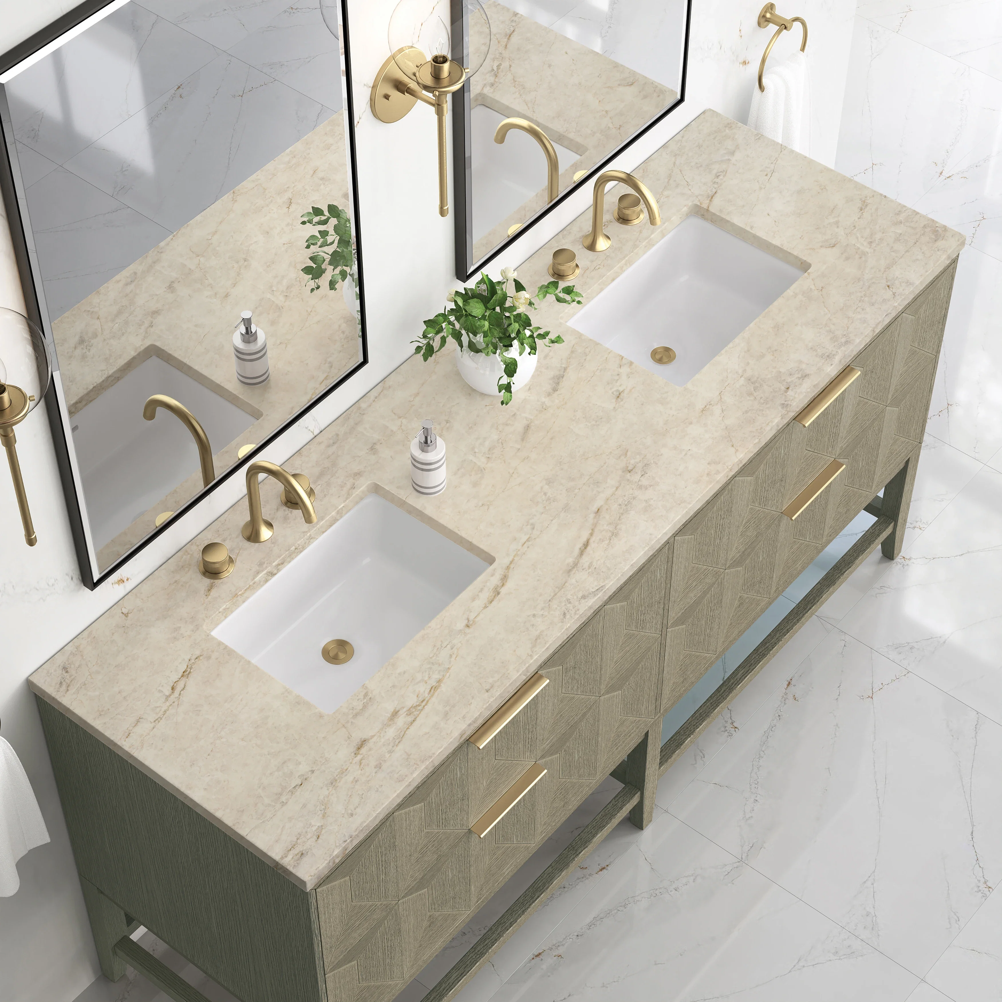 Emmeline 72" Double Vanity, Pebble Oak, w/ 3 CM Tajnar Eclos Top