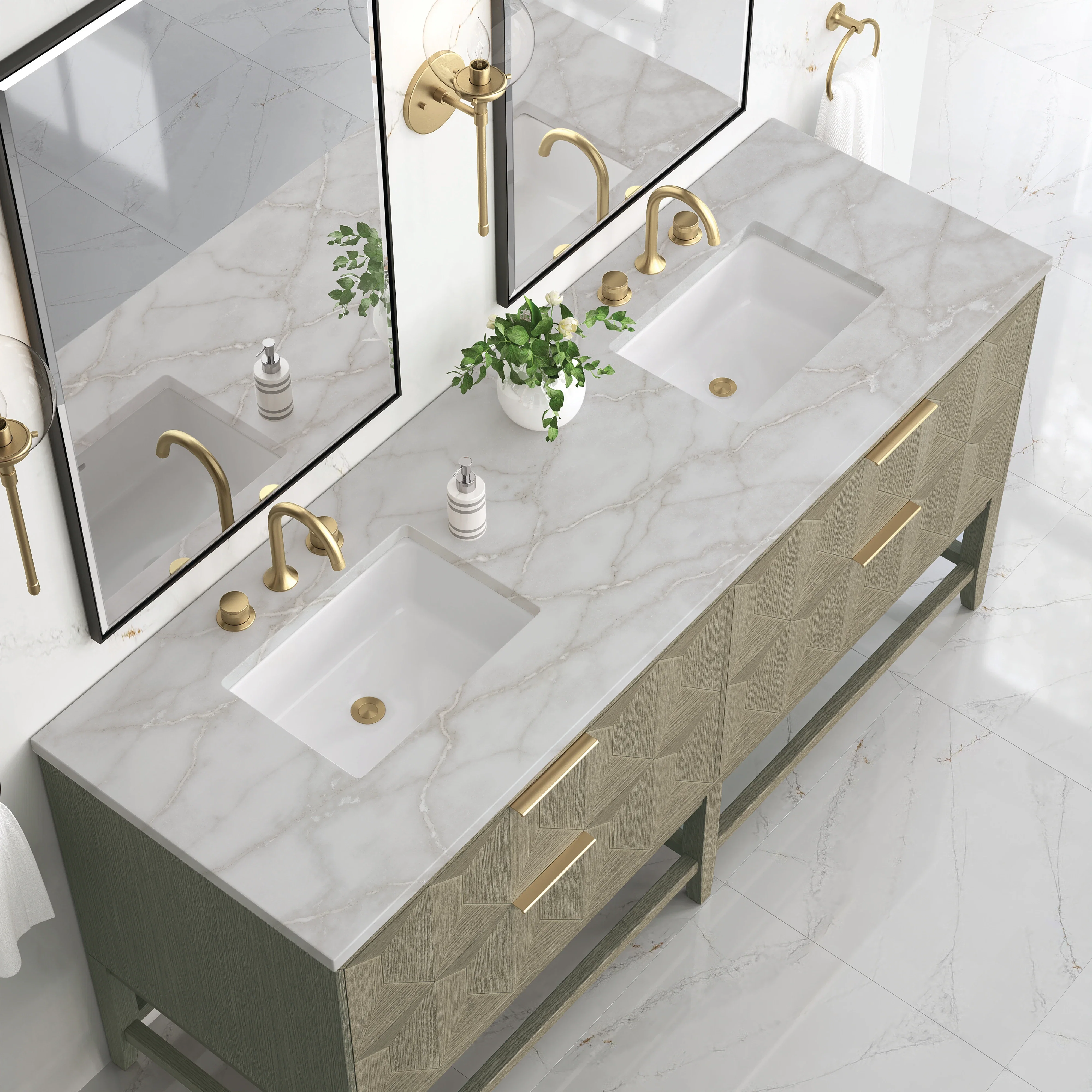 Emmeline 72" Double Vanity, Pebble Oak w/ 3 CM Victorian Silver Top