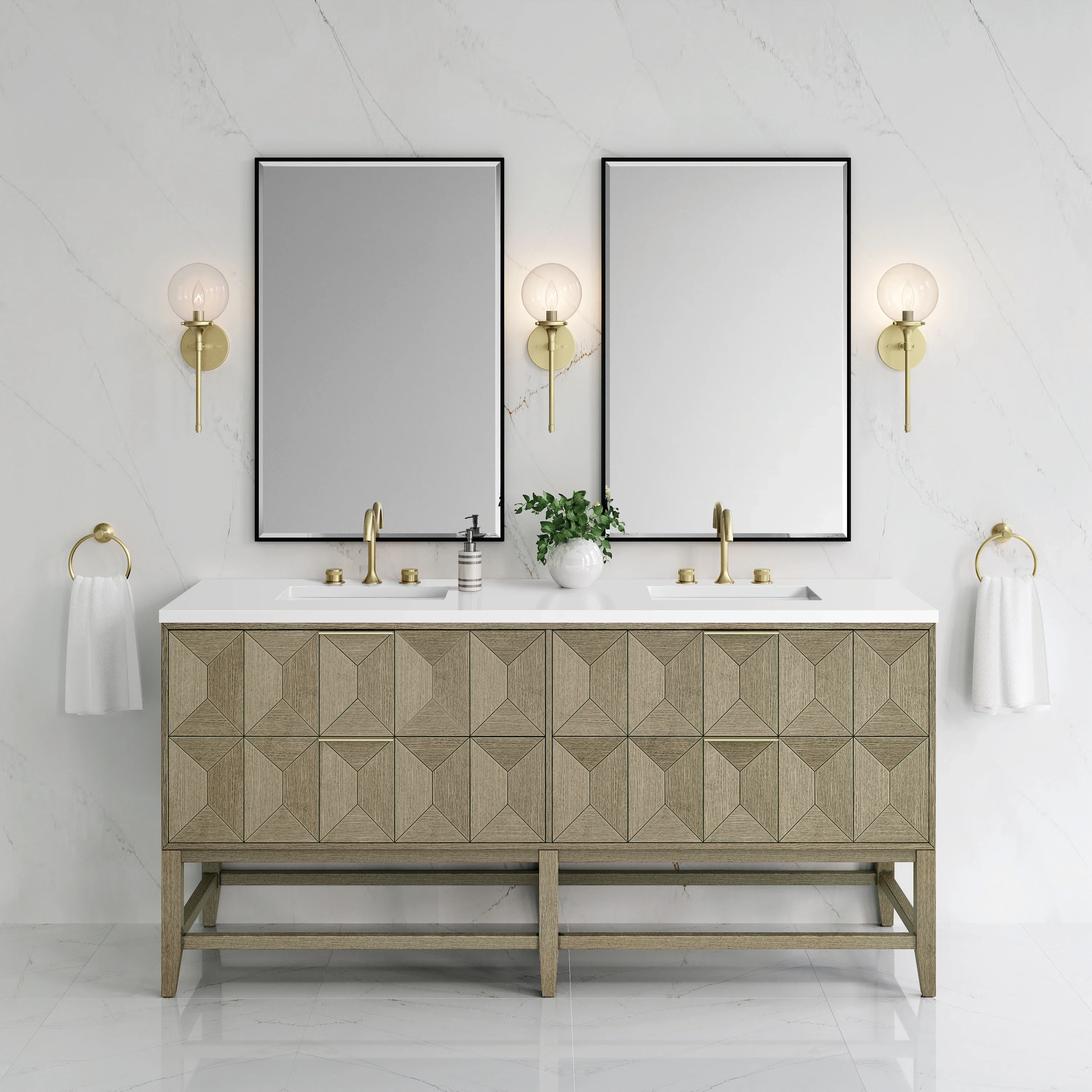 Emmeline 72" Double Vanity, Pebble Oak w/ 3 CM White Zeus Top
