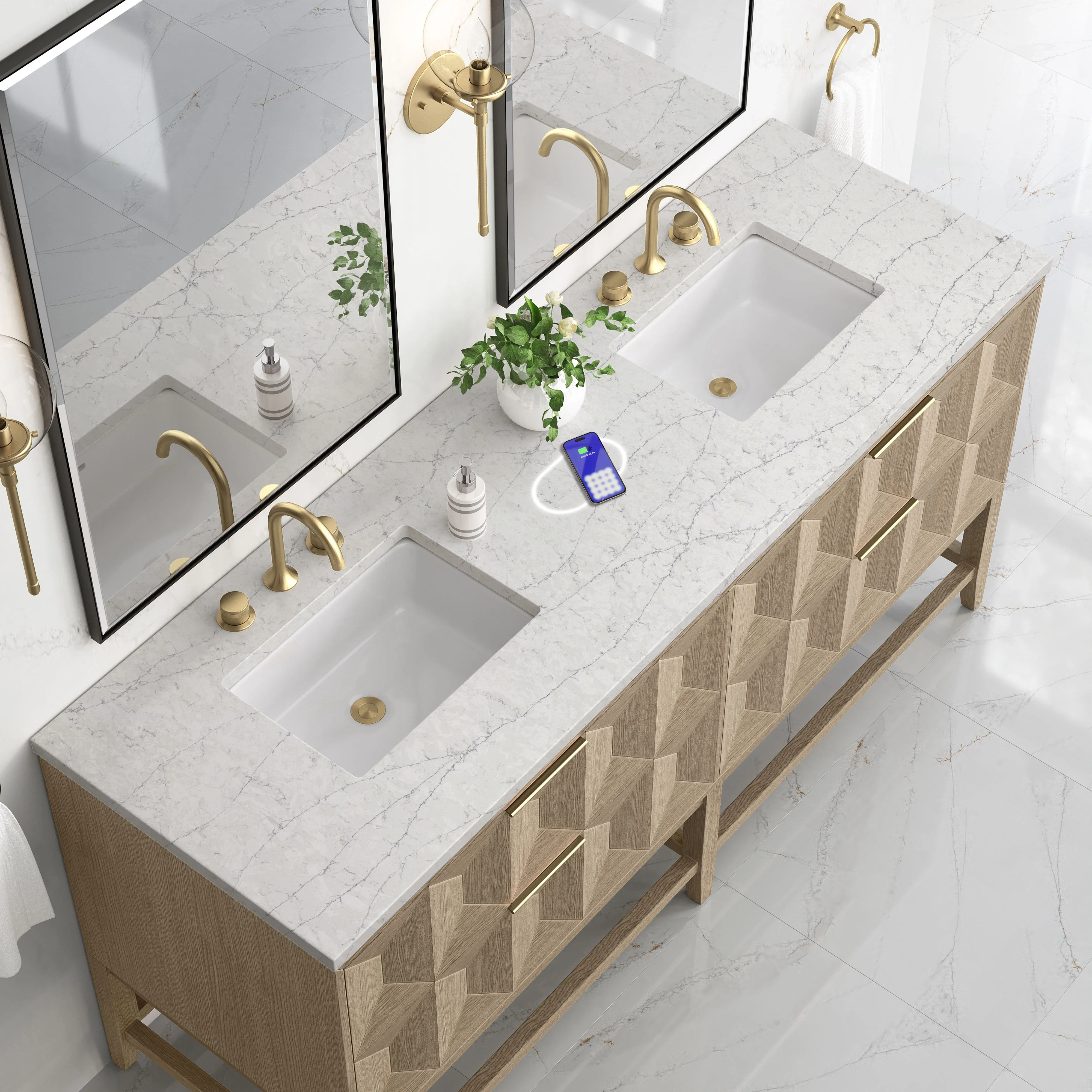Emmeline 72" Double Vanity, Pebble Oak w/ 3 CM Eternal Jasmine Pearl Top w/FreePower Wireless Charger