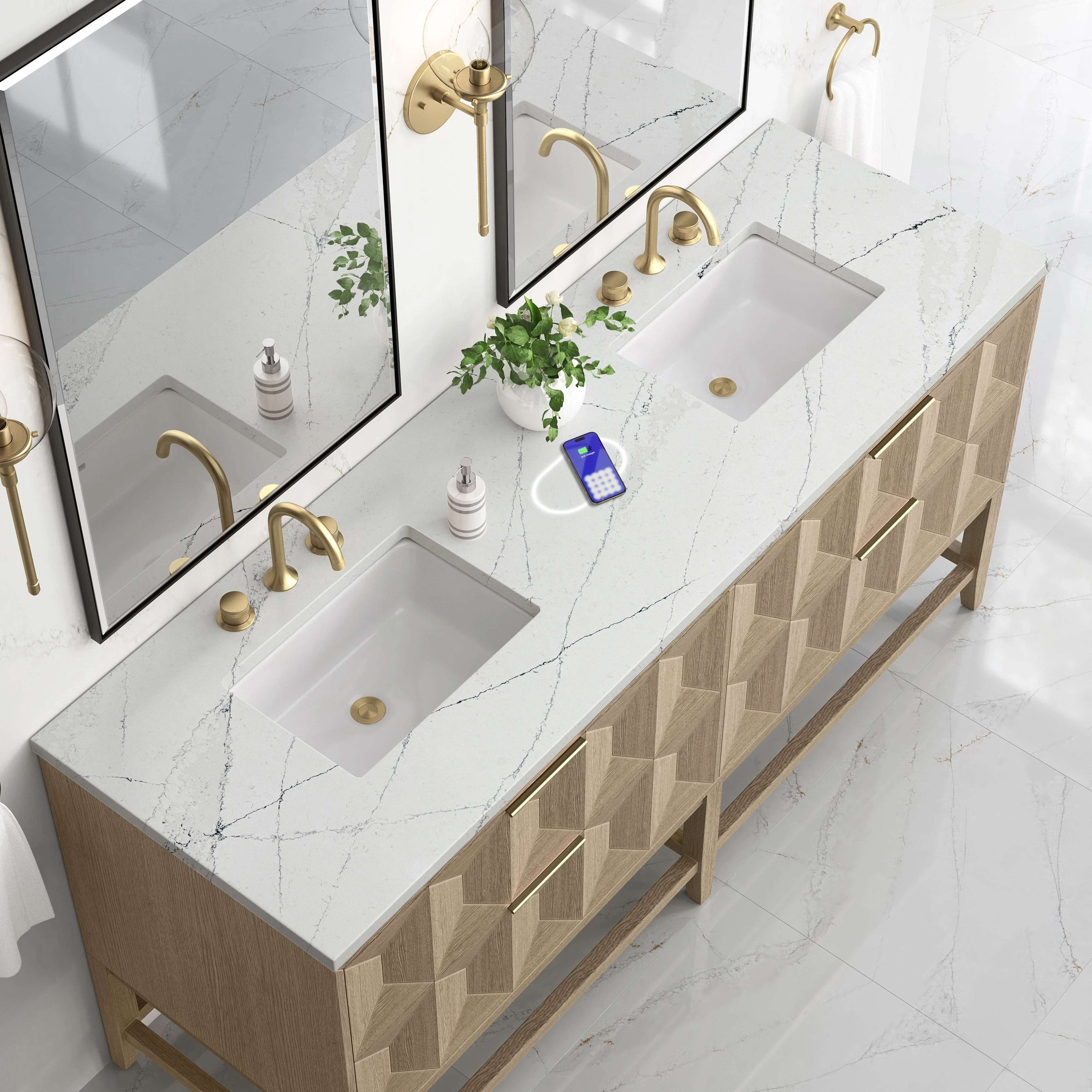 Emmeline 72" Double Vanity, Pebble Oak w/ 3 CM Ethereal Noctis Top w/FreePower Wireless Charger