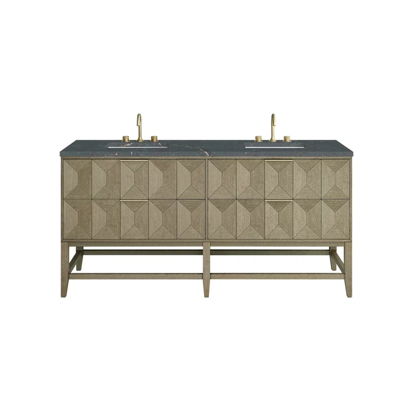 Emmeline 72" Double Vanity, Pebble Oak w/ 3 CM Parisien Bleu Top w/FreePower Wireless Charger