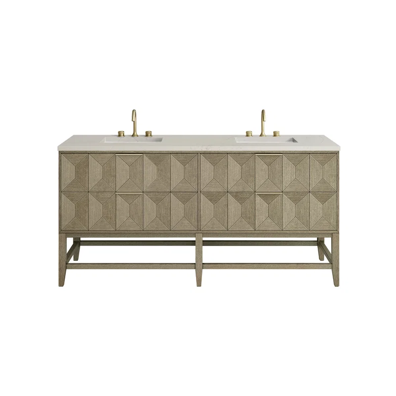 Emmeline 72" Double Vanity, Pebble Oak, w/ 3 CM Siberian Silestone Top w/FreePower Wireless Charger