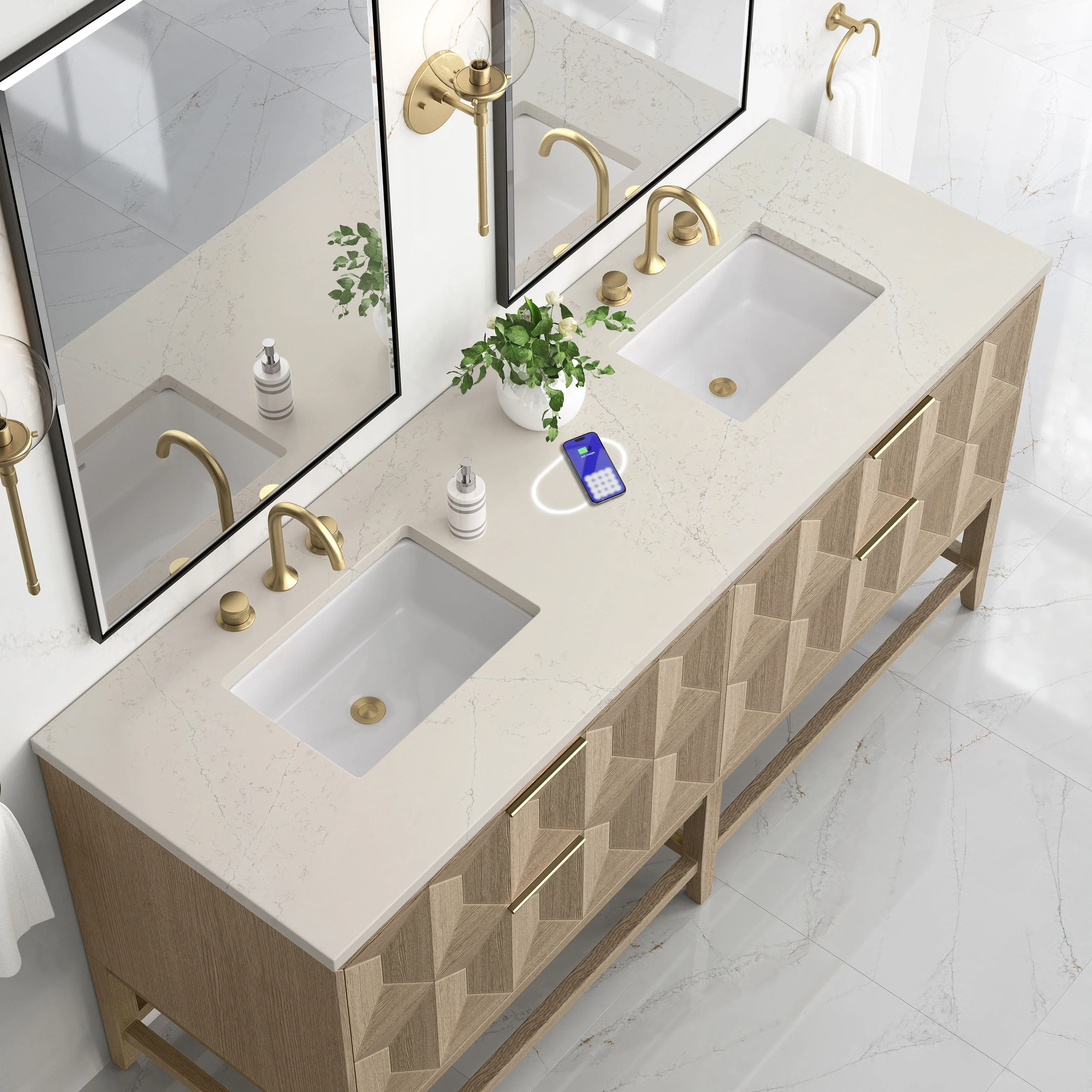 Emmeline 72" Double Vanity, Pebble Oak, w/ 3 CM Siberian Silestone Top w/FreePower Wireless Charger