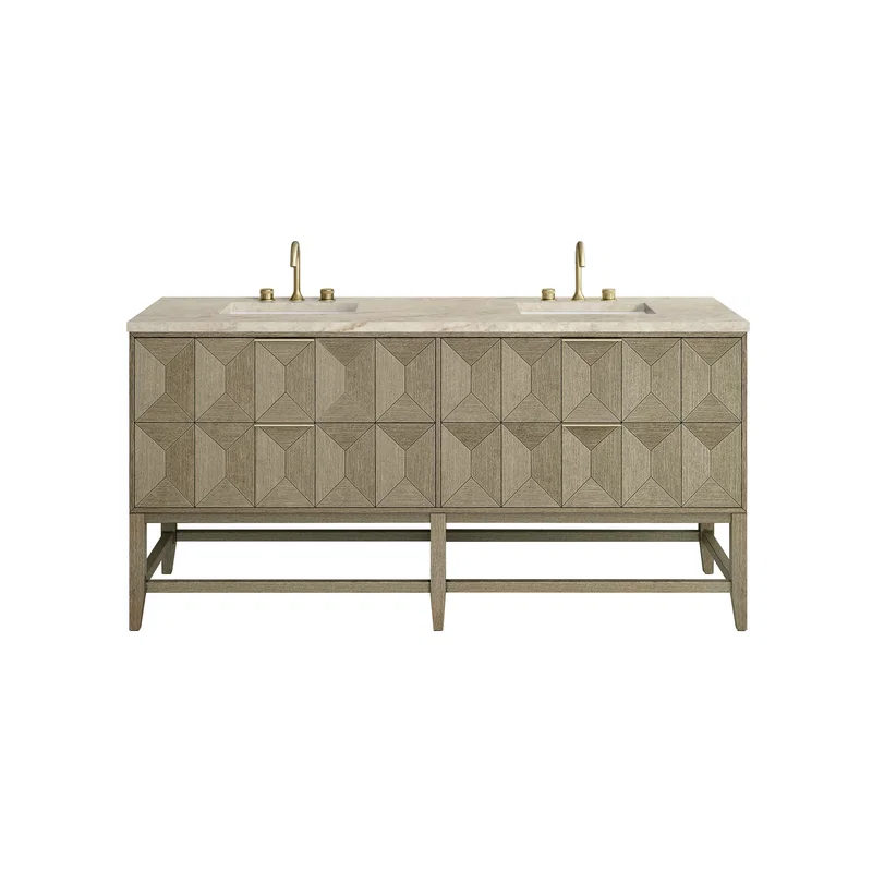Emmeline 72" Double Vanity, Pebble Oak, w/ 3 CM Tajnar Eclos Top w/FreePower Wireless Charger