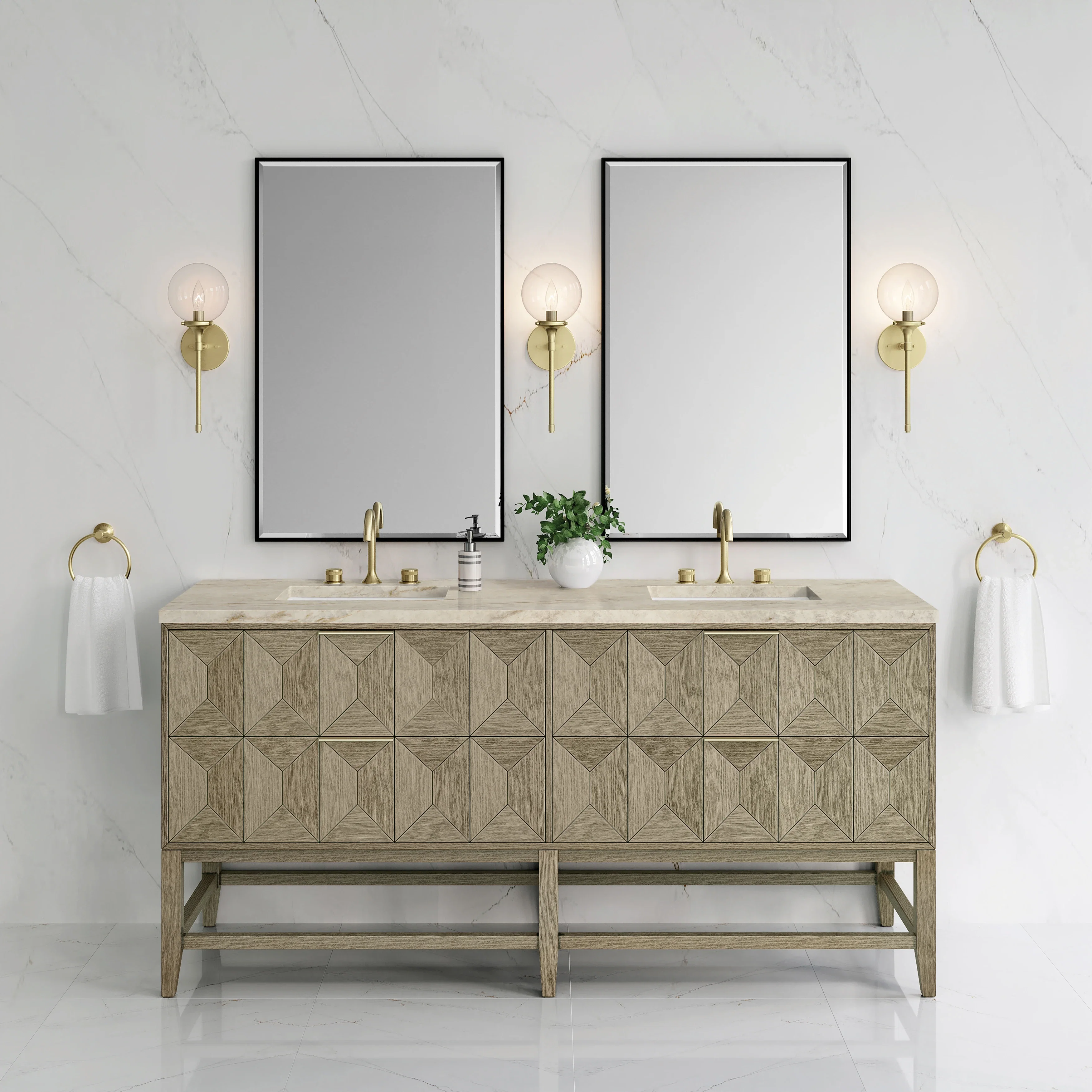 Emmeline 72" Double Vanity, Pebble Oak, w/ 3 CM Tajnar Eclos Top w/FreePower Wireless Charger