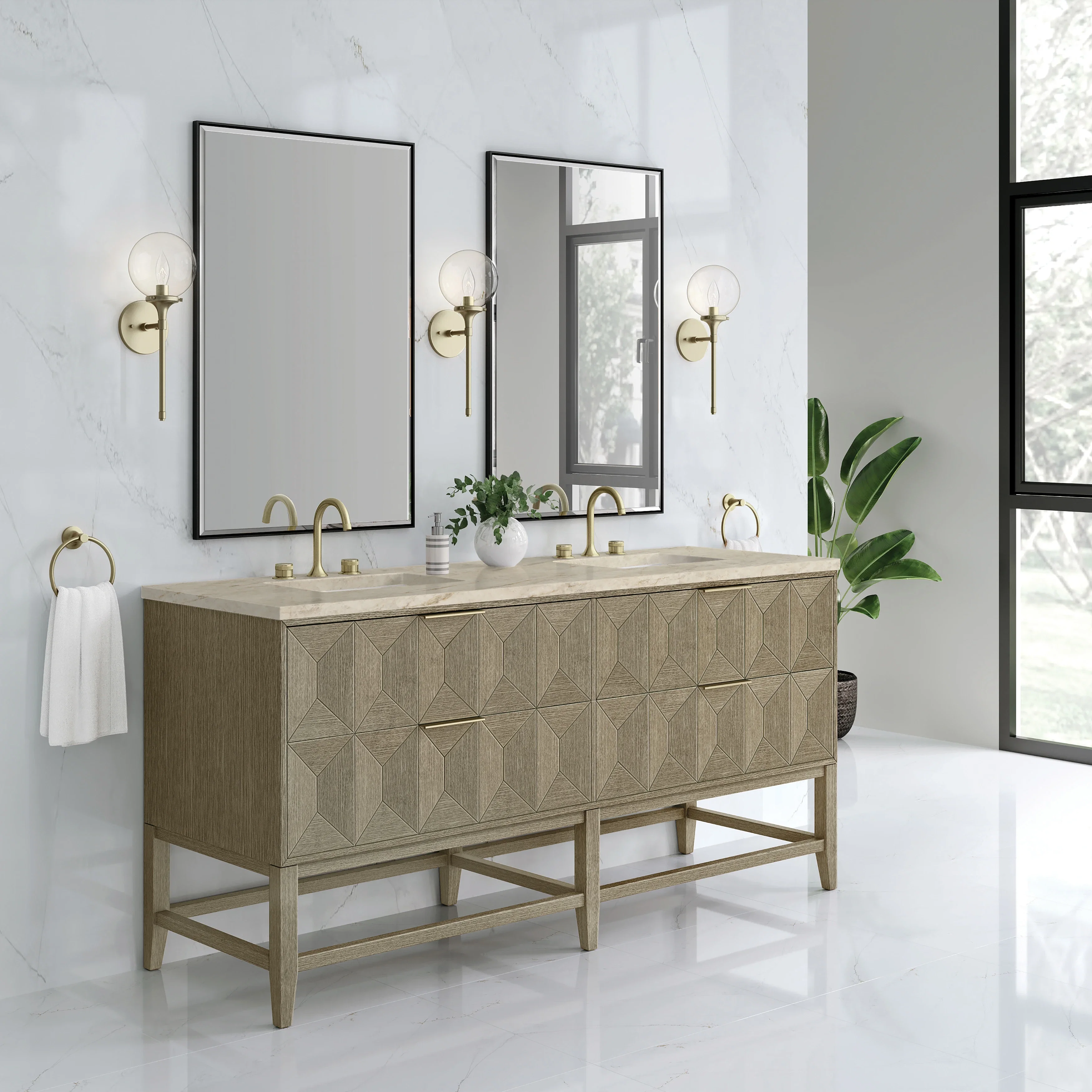 Emmeline 72" Double Vanity, Pebble Oak, w/ 3 CM Tajnar Eclos Top w/FreePower Wireless Charger