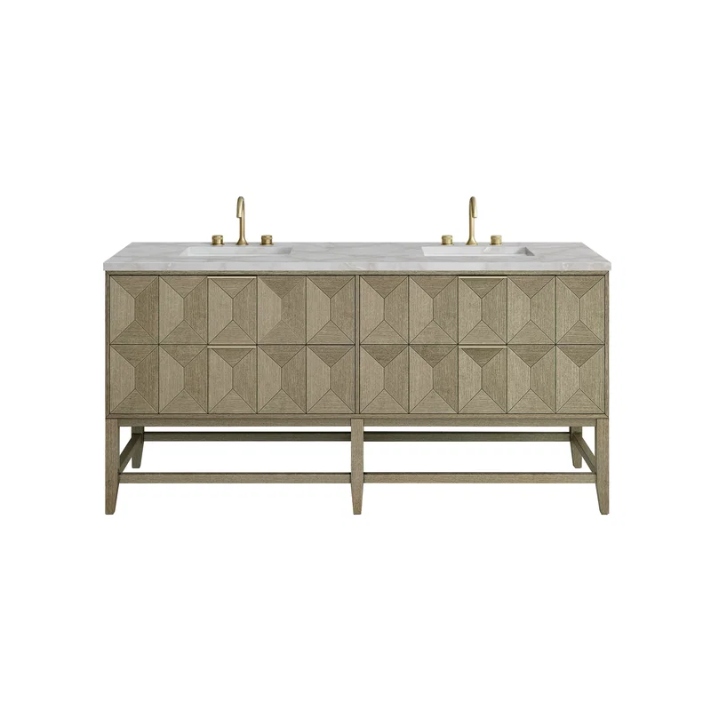 Emmeline 72" Double Vanity, Pebble Oak w/ 3 CM Victorian Silver Top w/FreePower Wireless Charger