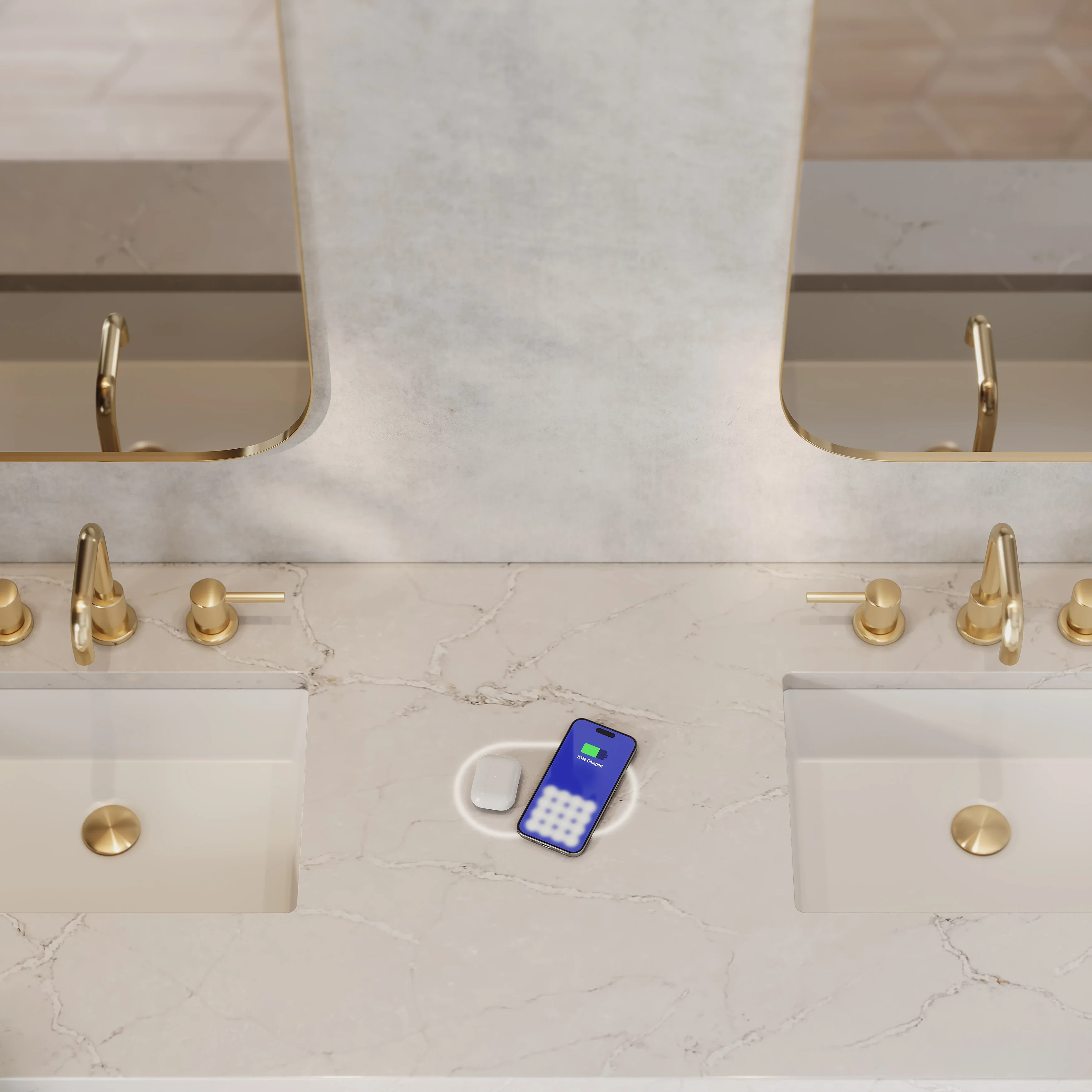 Emmeline 72" Double Vanity, Pebble Oak w/ 3 CM Victorian Silver Top w/FreePower Wireless Charger