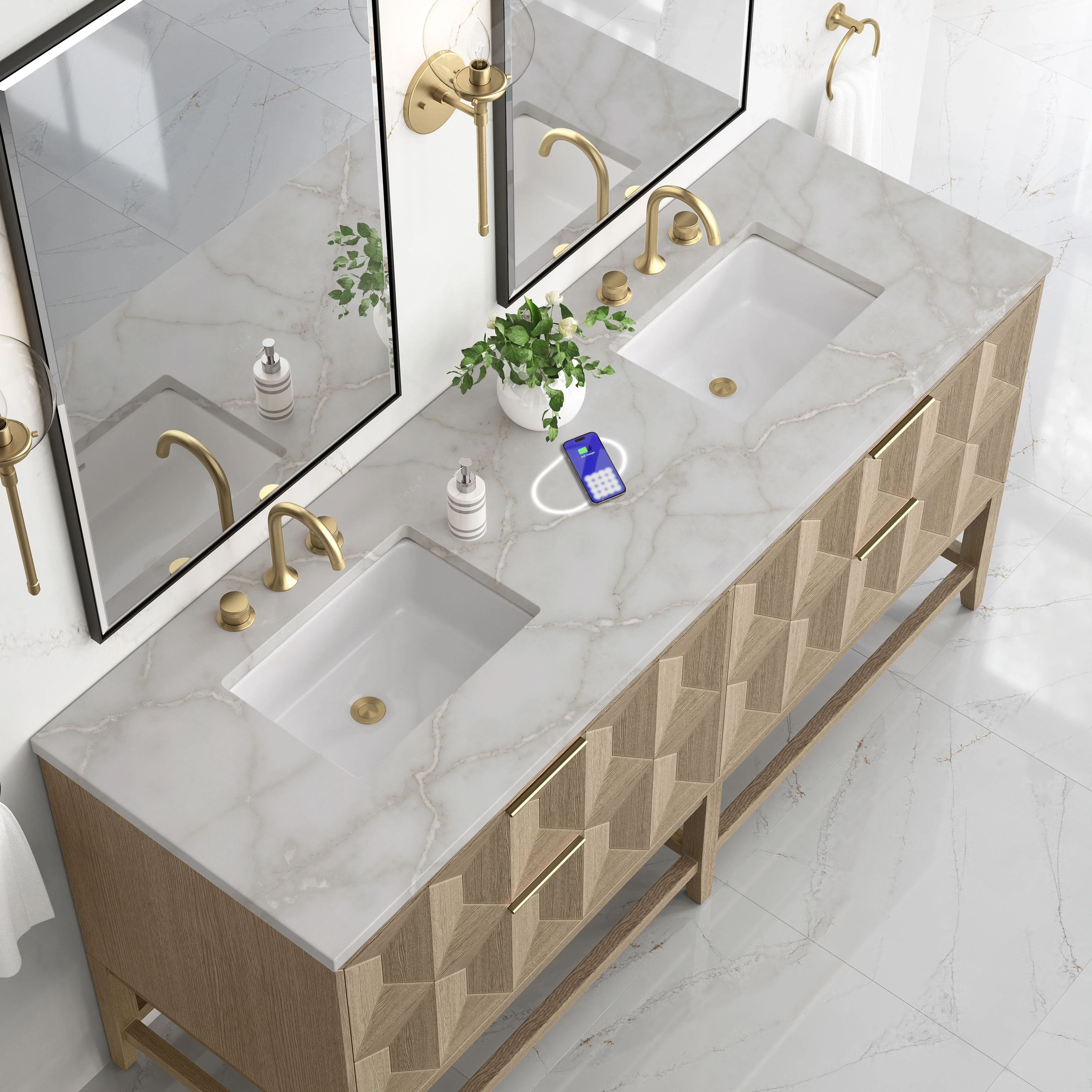 Emmeline 72" Double Vanity, Pebble Oak w/ 3 CM Victorian Silver Top w/FreePower Wireless Charger