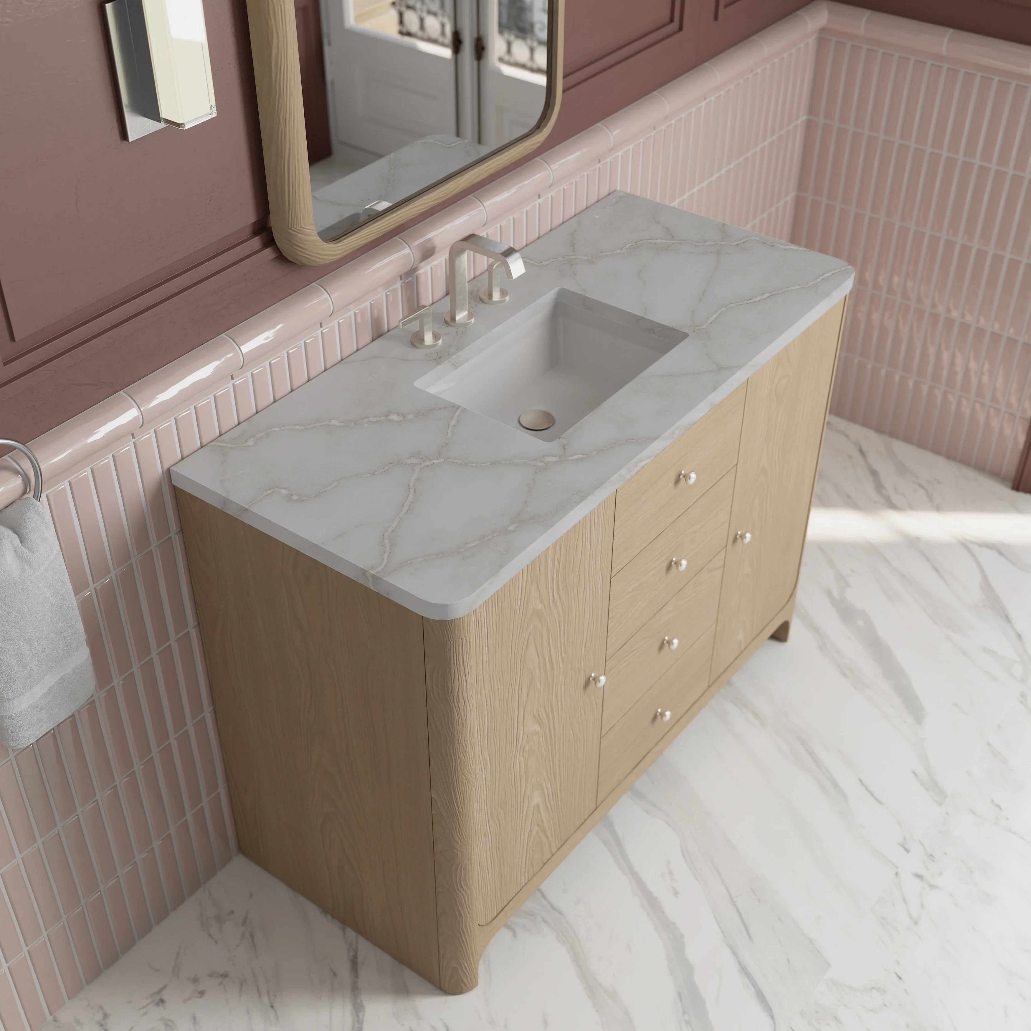Gracyn 48" Single Vanity, Coastal Driftwood, w/ 3 CM Victorian Silver Quartz Widespread Top