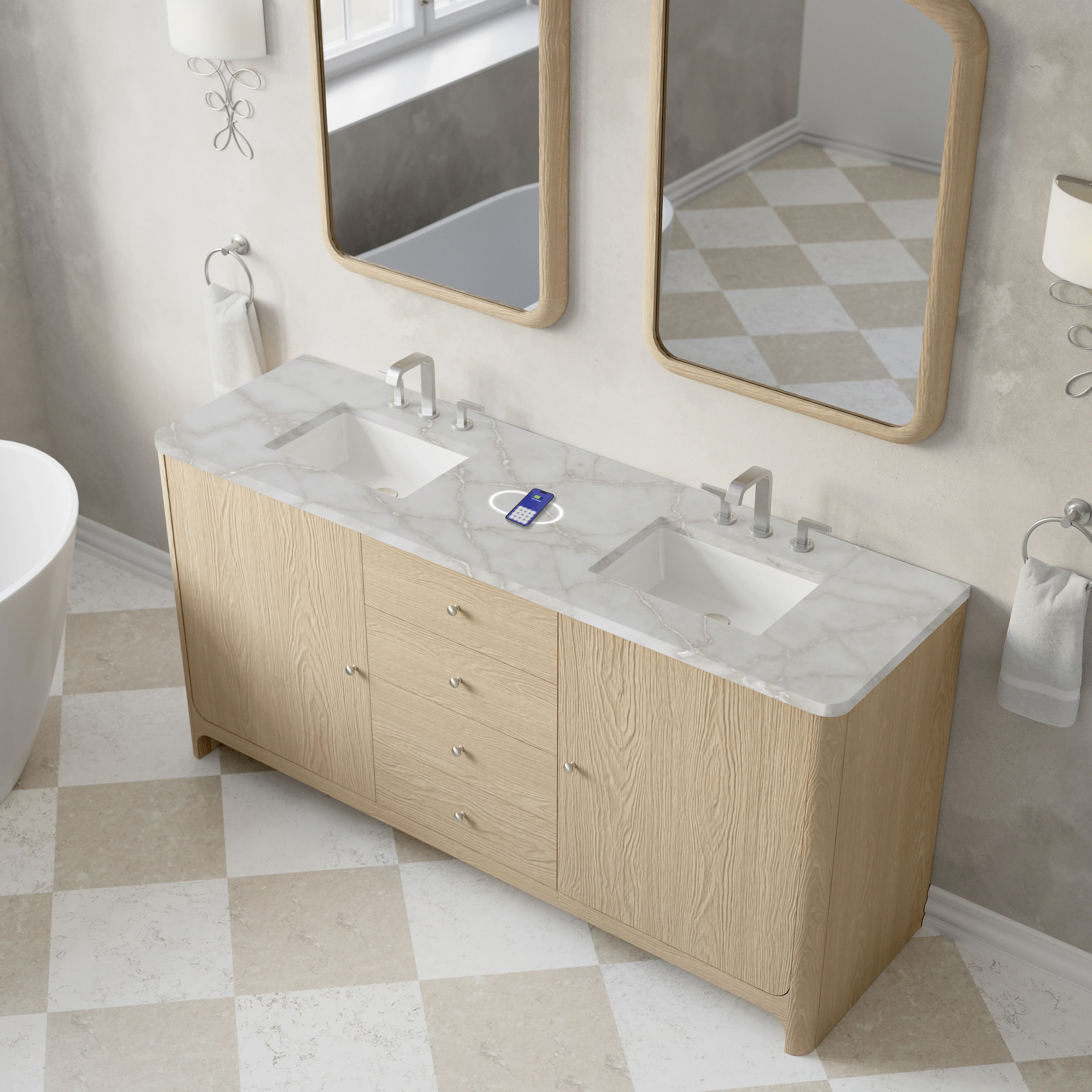 Gracyn 72" Double Vanity, Coastal Driftwood, w/ 3 CM Victorian Silver Silestone Top w/ FreePower Wireless Charger