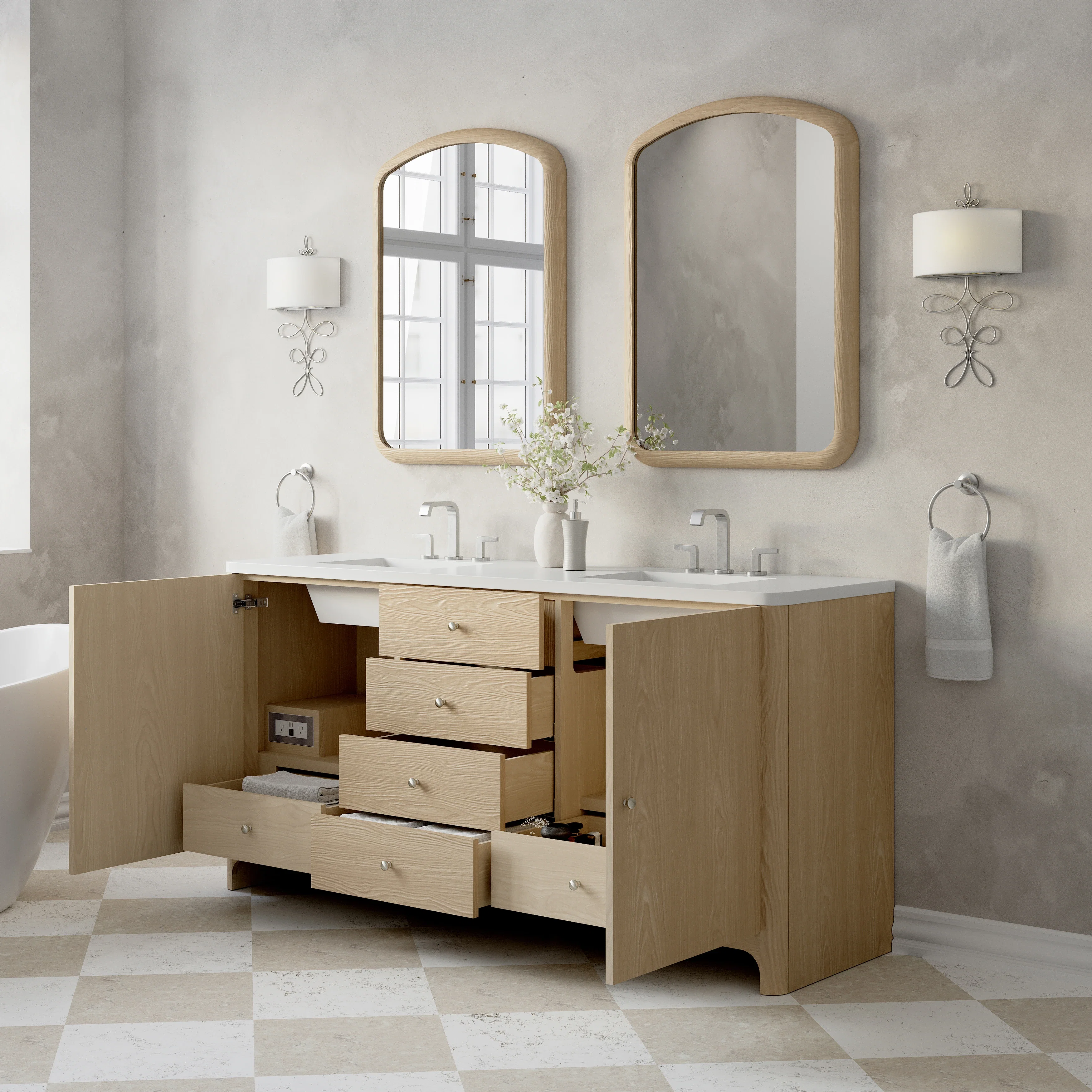 Gracyn 72" Double Vanity, Coastal Driftwood, w/ 3 CM White Zeus Quartz Widespread Top