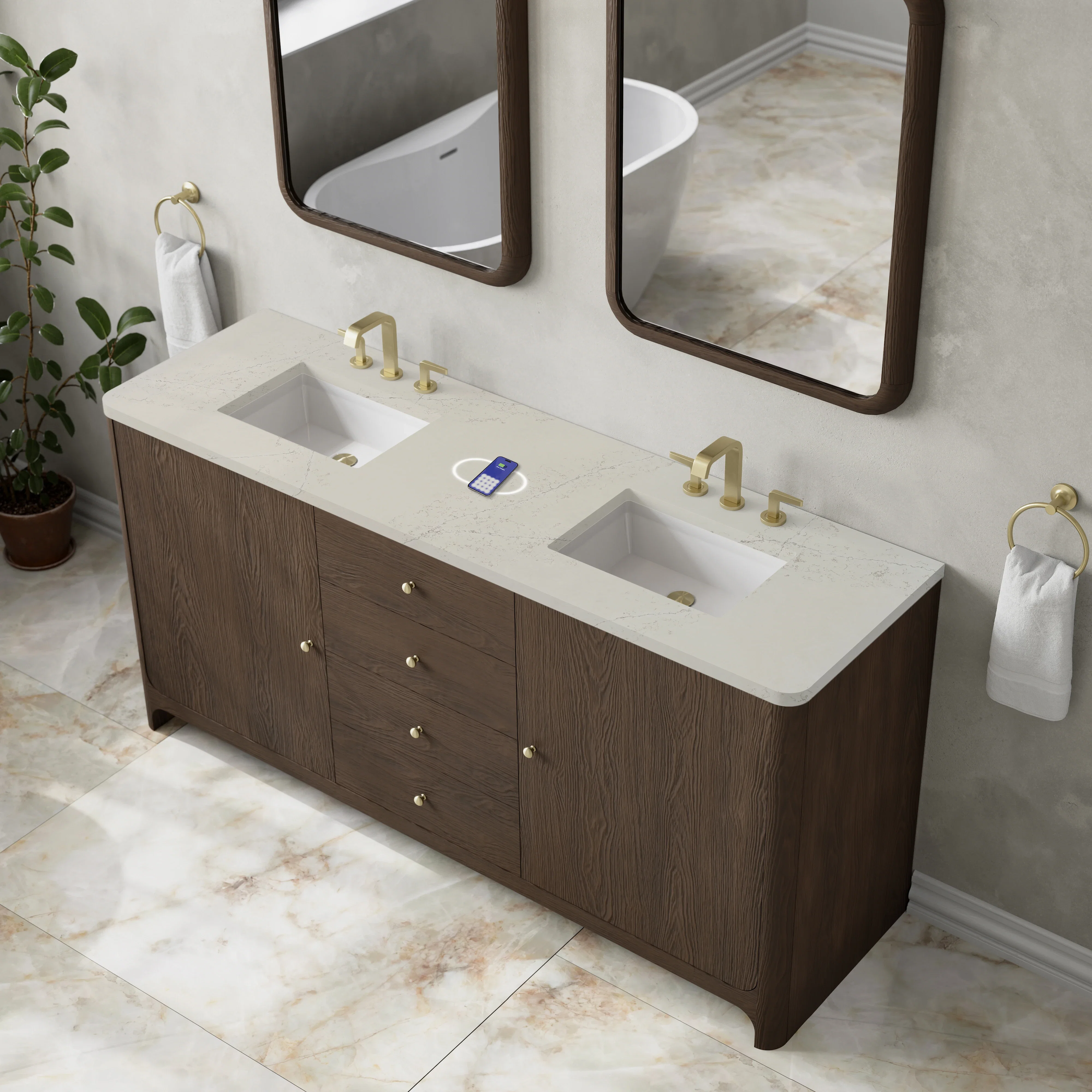 Gracyn 72" Double Vanity, Sable, w/ 3 CM Siberian Silestone Top w/FreePower Wireless Charger