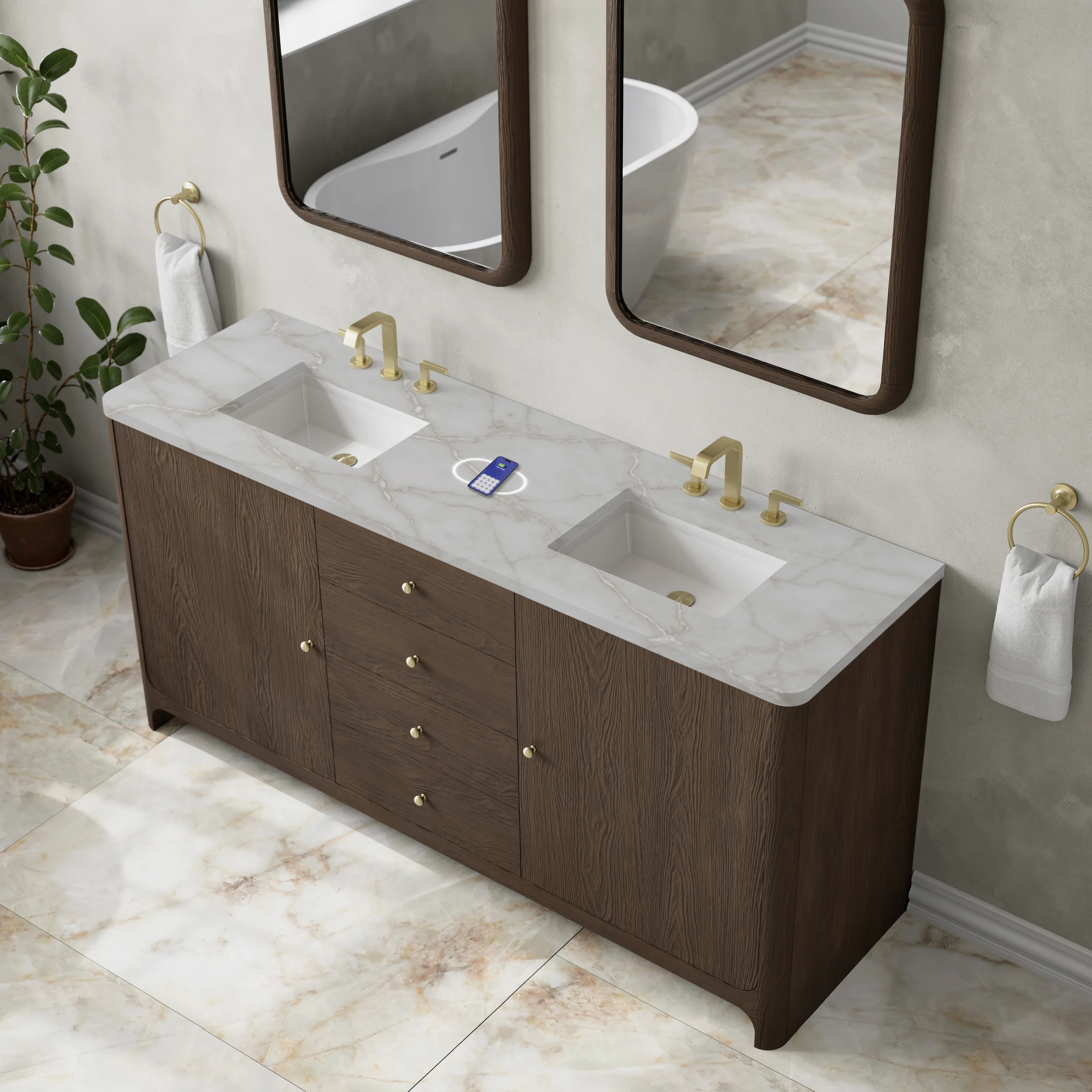 Gracyn 72" Double Vanity, Sable, w/ 3 CM Victorian Silver Silestone Top w/ FreePower Wireless Charger