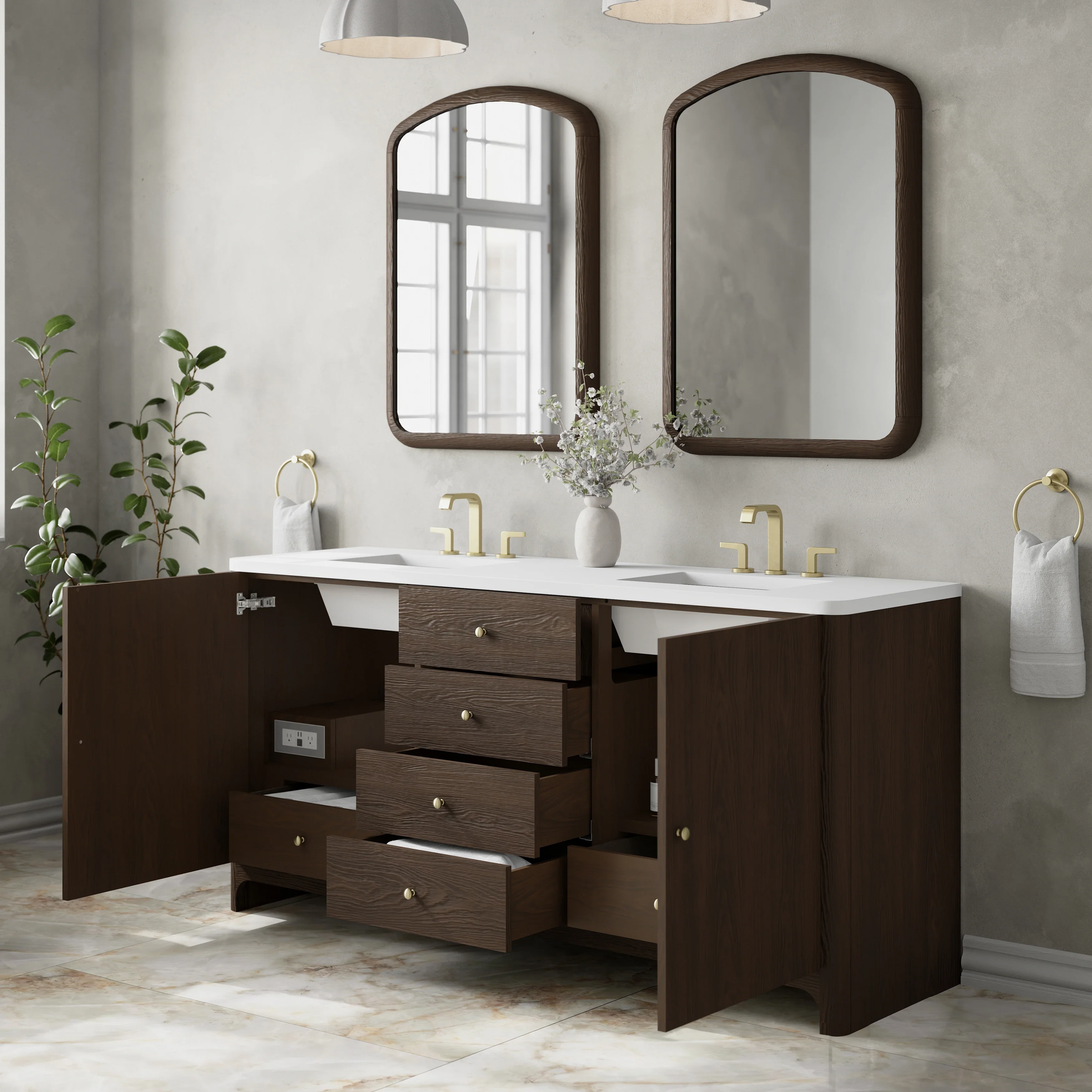 Gracyn 72" Double Vanity, Sable, w/ 3 CM White Zeus Quartz Widespread Top