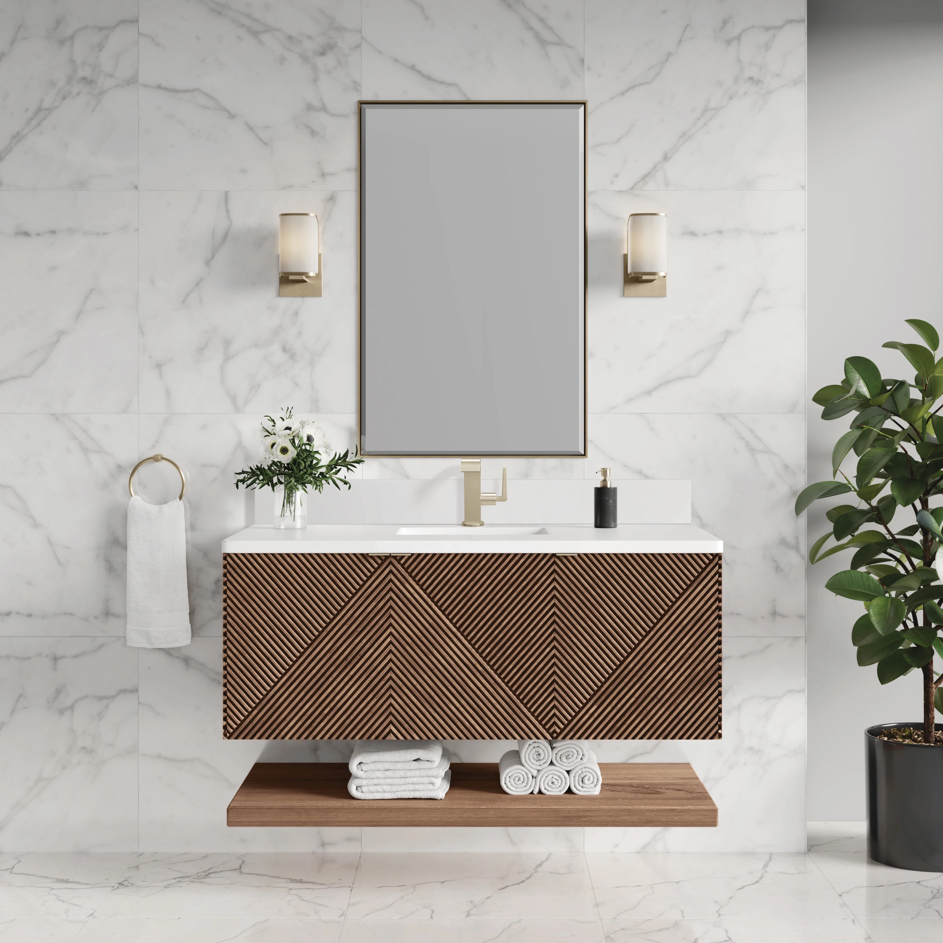 Marcello 48" Single Vanity, Chestnut w/ Single Hole 3 CM White Zeus Silestone Top & Backsplash