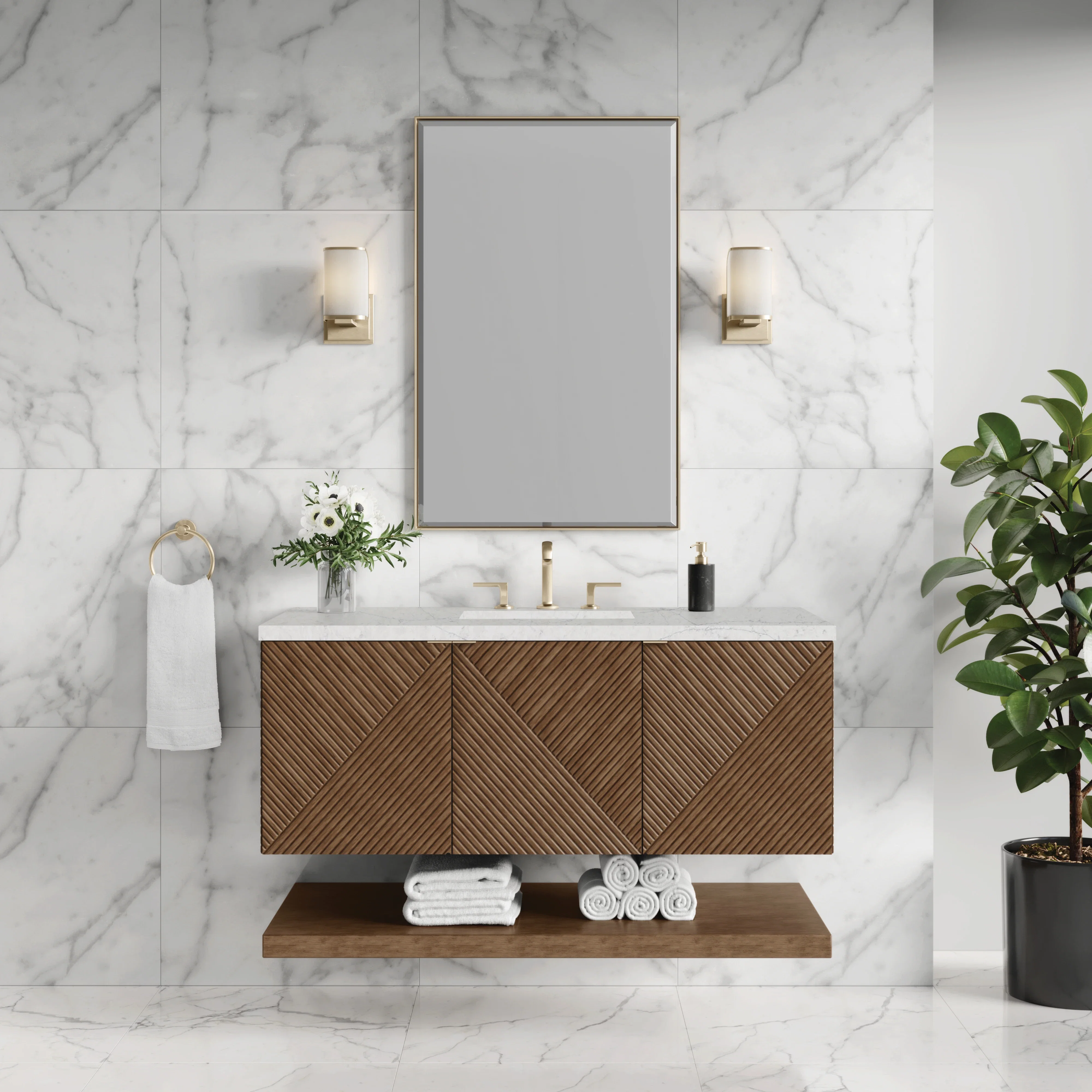 Marcello 48" Single Vanity, Chestnut w/ 3 CM Eternal Jasmine Pearl Silestone Top