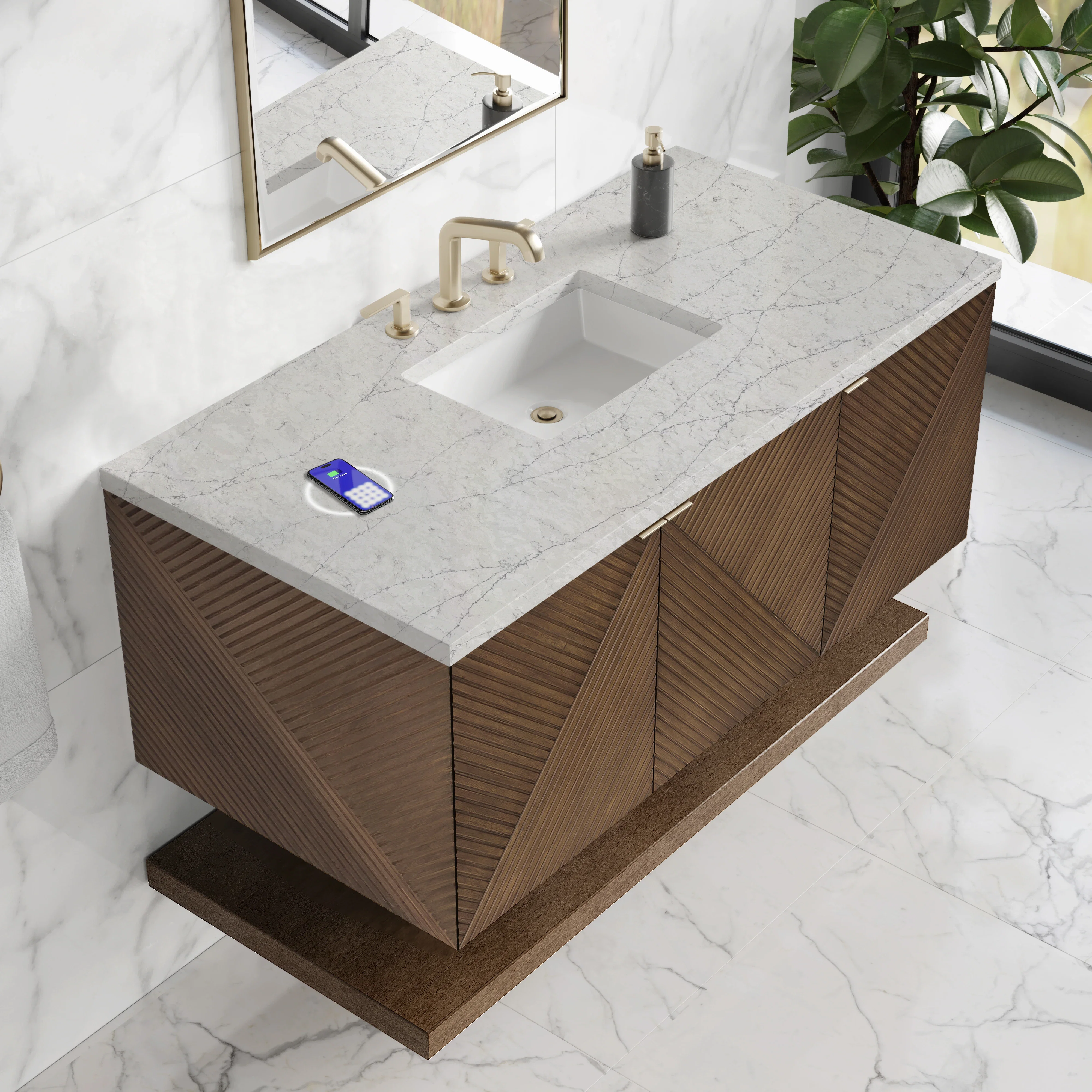Marcello 48" Single Vanity, Chestnut w/ 3 CM Eternal Jasmine Pearl Silestone Top w/ FreePower Wireless Charger