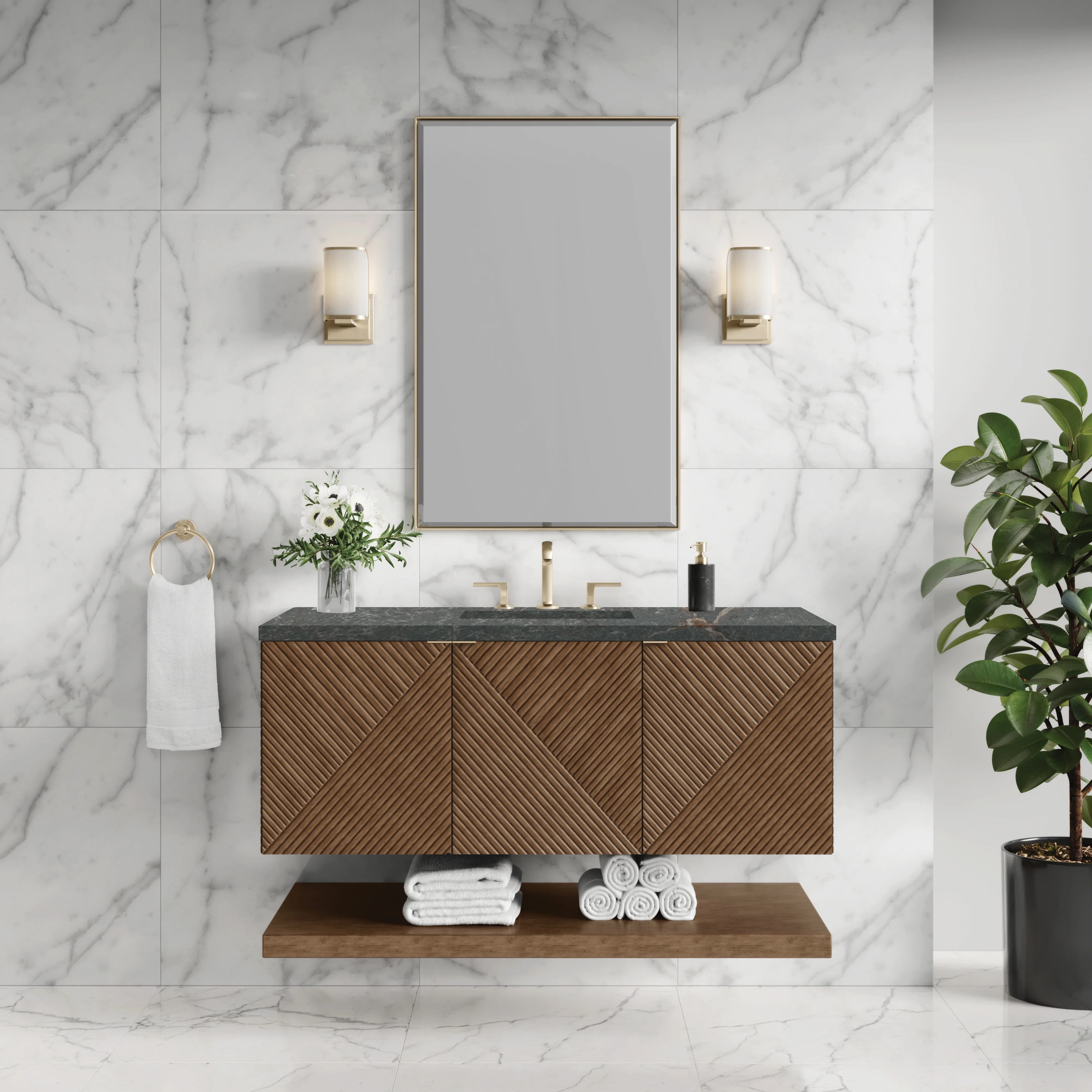 Marcello 48" Single Vanity, Chestnut w/ 3 CM Parisien Bleu Silestone Top w/ FreePower Wireless Charger