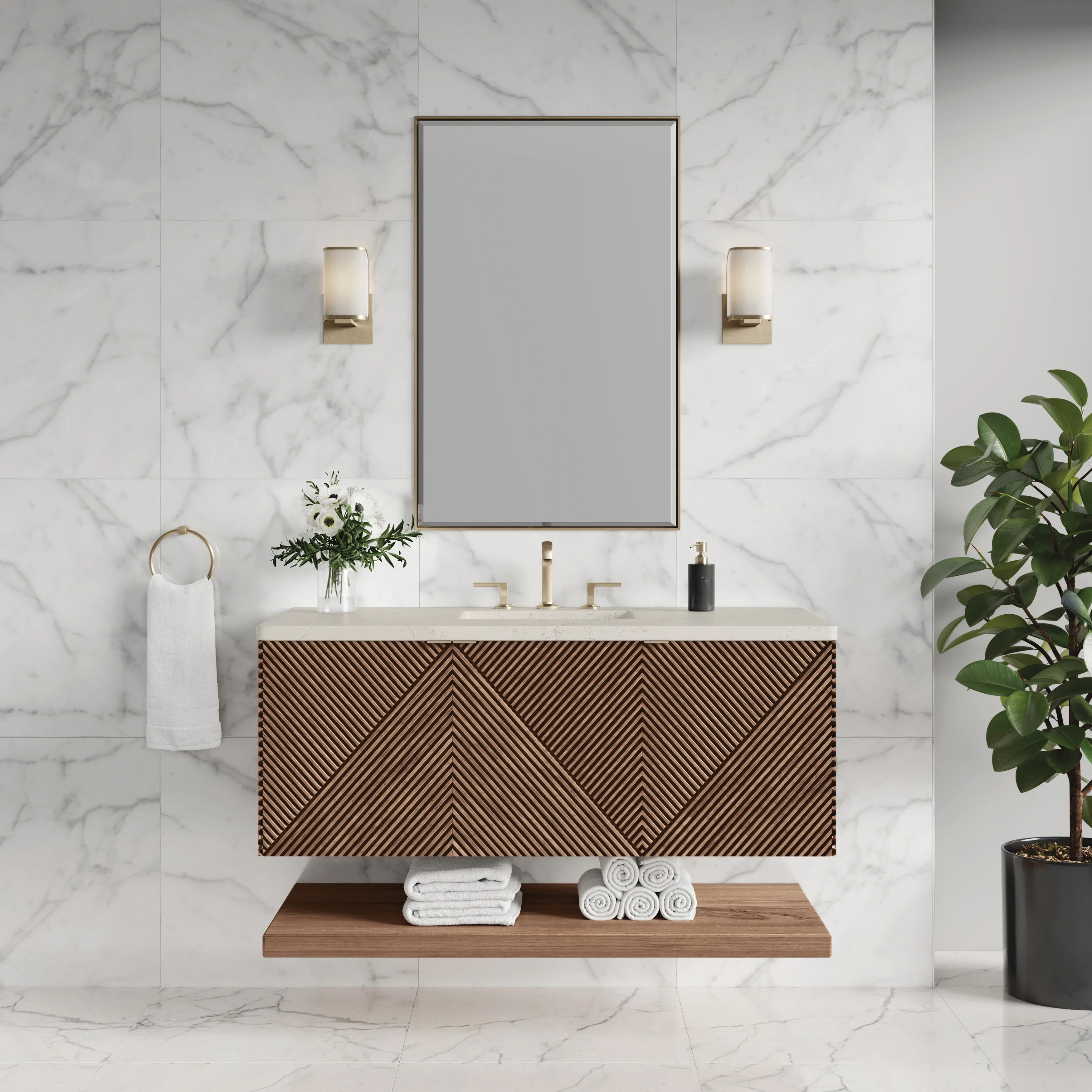Marcello 48" Single Vanity, Chestnut, w/ 3 CM Siberian Silestone Top w/FreePower Wireless Charger