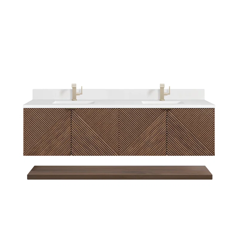 Marcello 72" Double Vanity, Chestnut w/ Single Hole 3 CM White Zeus Top & Backsplash