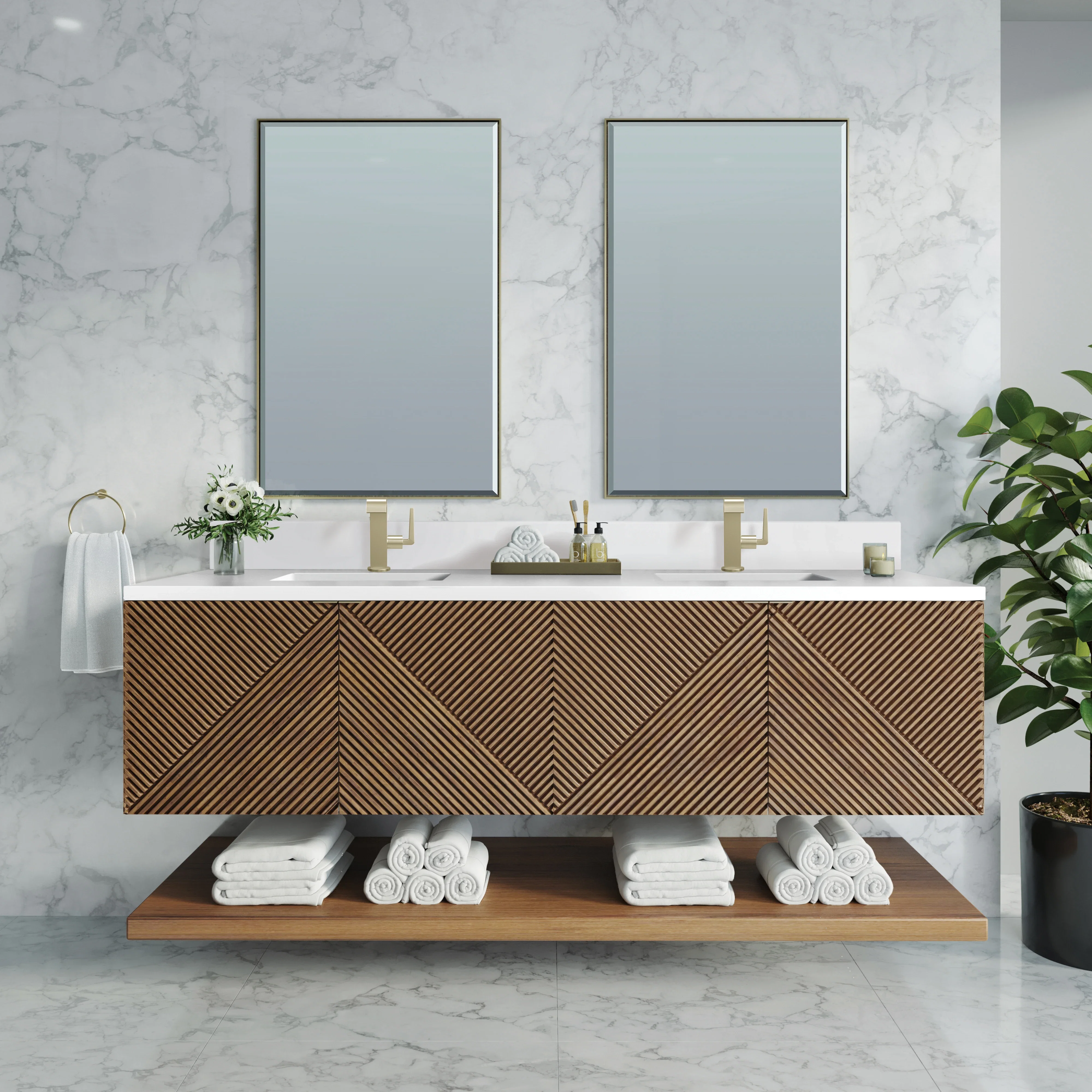 Marcello 72" Double Vanity, Chestnut w/ Single Hole 3 CM White Zeus Top & Backsplash