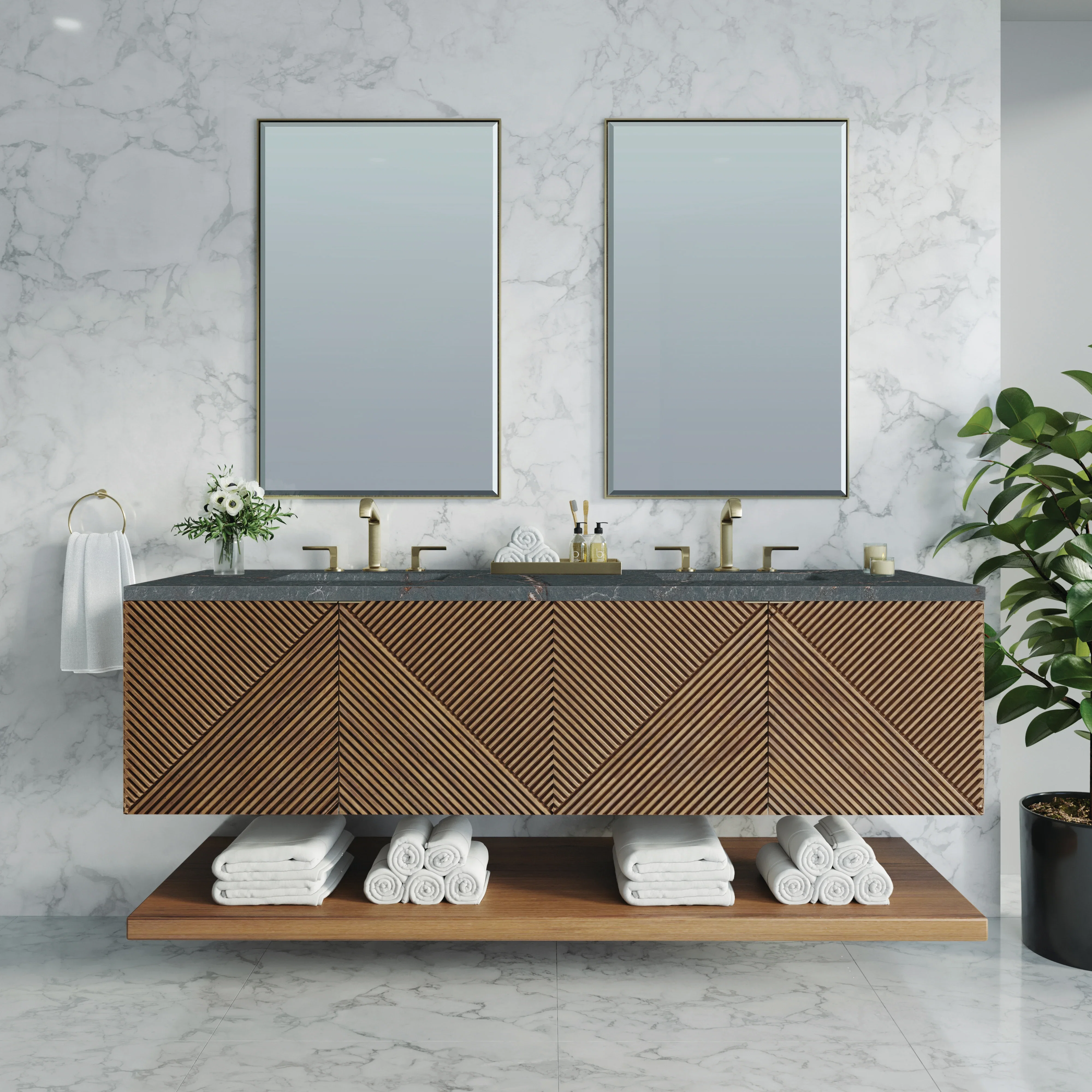 Marcello 72" Double Vanity, Chestnut w/ 3 CM Parisien Bleu Top